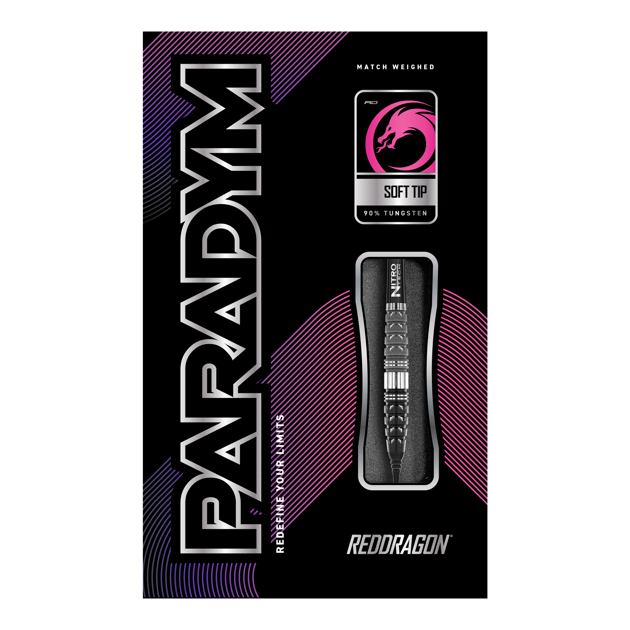 Dardos blandos Red Dragon Paradym Torpedo - 20 g Das Bild zeigt die Verpackung der Red Dragon Paradym Torpedo Softdarts mit einem Gewicht von 20g. Auf der Verpackung sind ein Dartpfeil, das Red Dragon Logo und moderne Designelemente in Schwarz, Pink und Lila zu sehen.