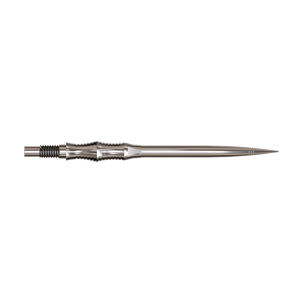 Harrows Quick Point Apex Spire Elite Series Dartspitzen - Silber Apex Spire Silver Elite Serie Dartspitzen in 40mm werden gezeigt. Die Spitzen sind silberfarben.