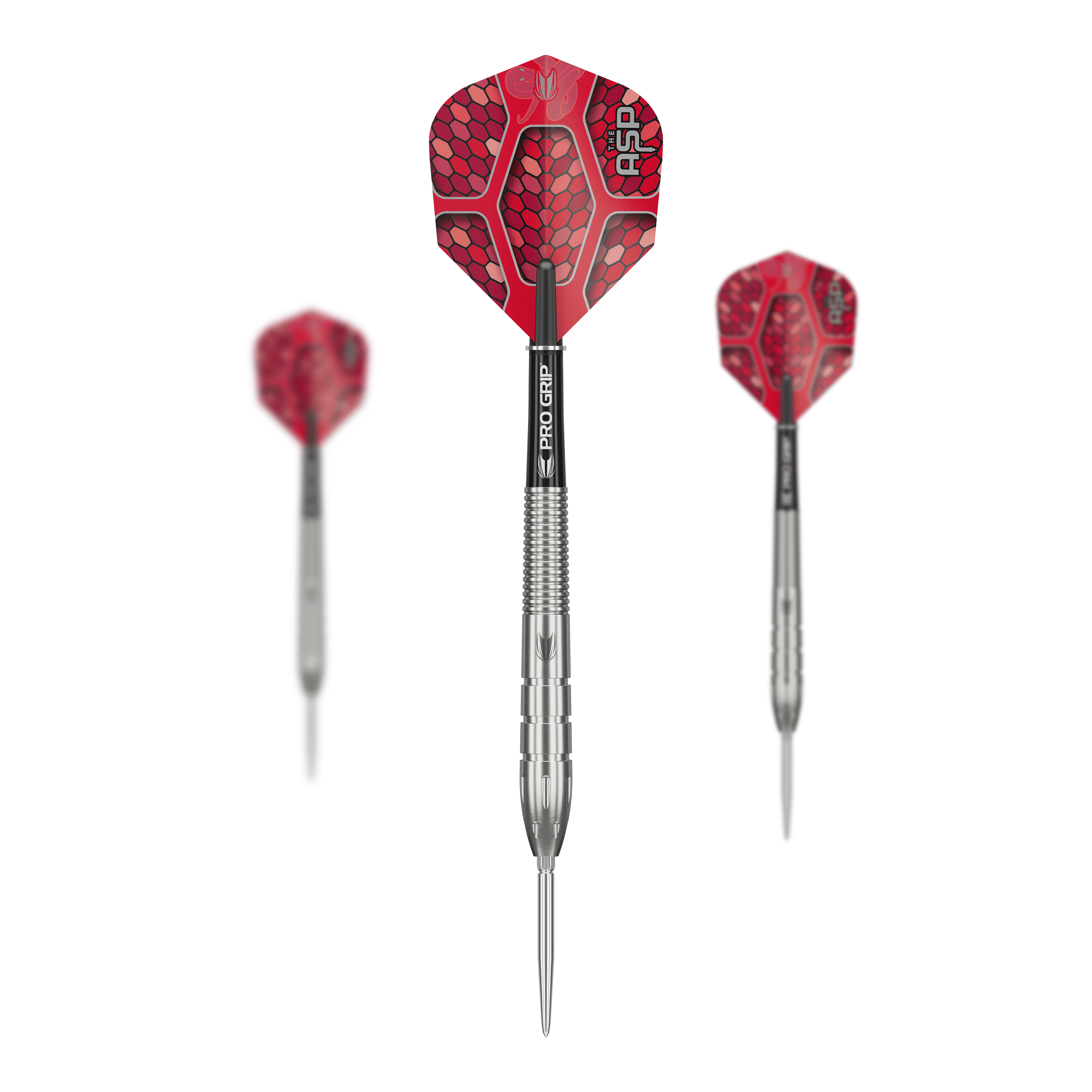 Auf dem Bild sind drei Steeldarts des Modells "Target Nathan Aspinall GEN1 Swiss Point" zu sehen. Die Darts haben silberne Spitzen und Schäfte sowie rote Flights mit Schuppenmuster.