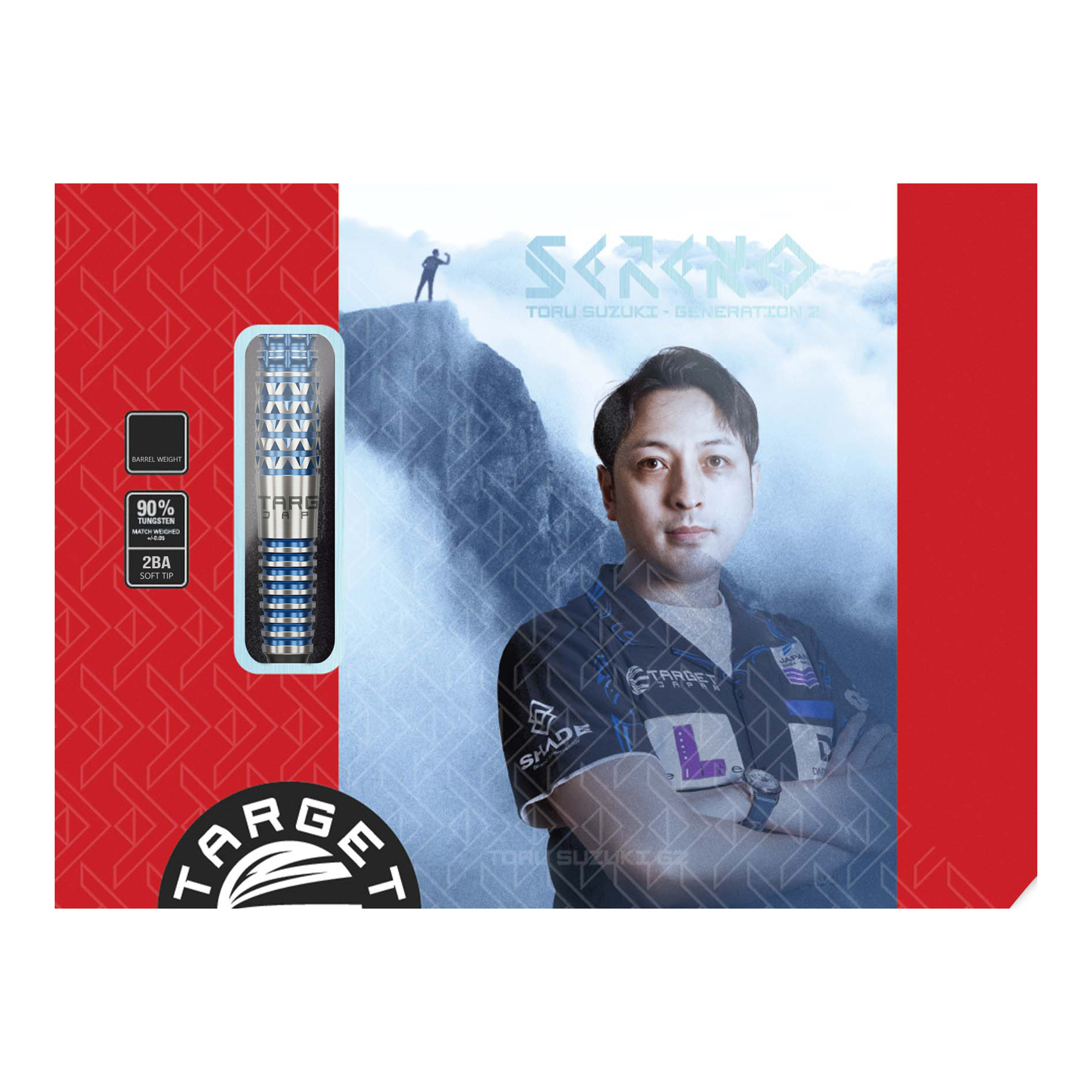 Fléchettes souples Target Japan Toru Suzuki Sereno GEN2 - 20 g Die Verpackung zeigt das Produkt "Target Japan Toru Suzuki Sereno GEN2 Softdarts - 20g". Auf der Vorderseite ist ein Bild von Toru Suzuki sowie die Darts und Produktinformationen abgebildet.