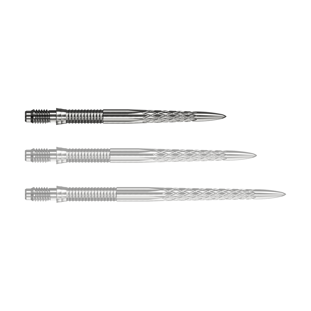Abgebildet ist eine einzelne Mission R25 Rapid Point DSX Dartspitze in Silber mit 30mm Länge. Sie wird häufig für Präzision und Haltbarkeit beim Dartspielen verwendet.