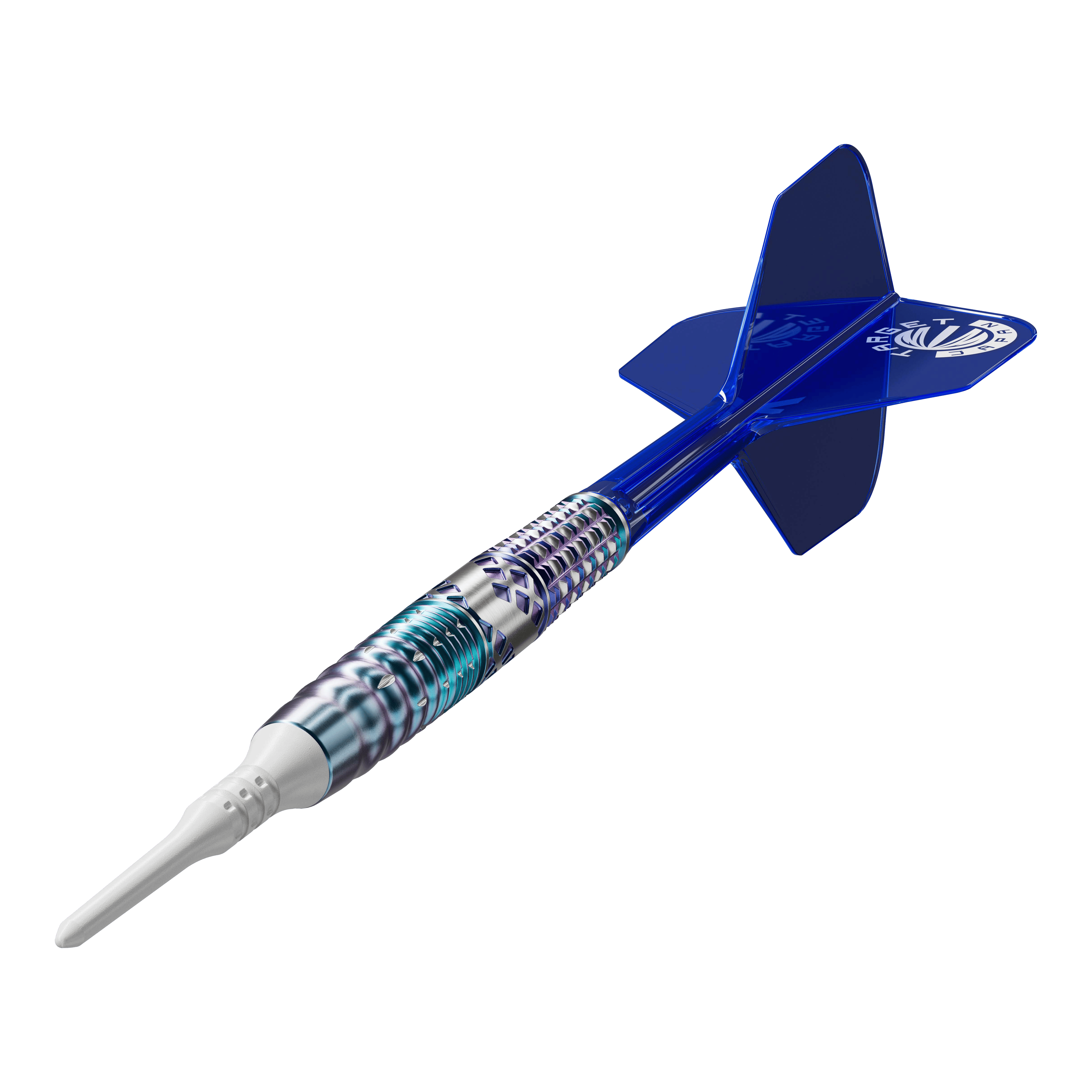 Dardos blandos Target Japan Cathy Leung Charis GEN5 - 19 g Das Bild zeigt einen Softdart mit einem silber-blauen, metallischen Schaft und einer weißen Spitze. Die Flights am Ende des Darts sind blau und tragen ein weißes Logo.