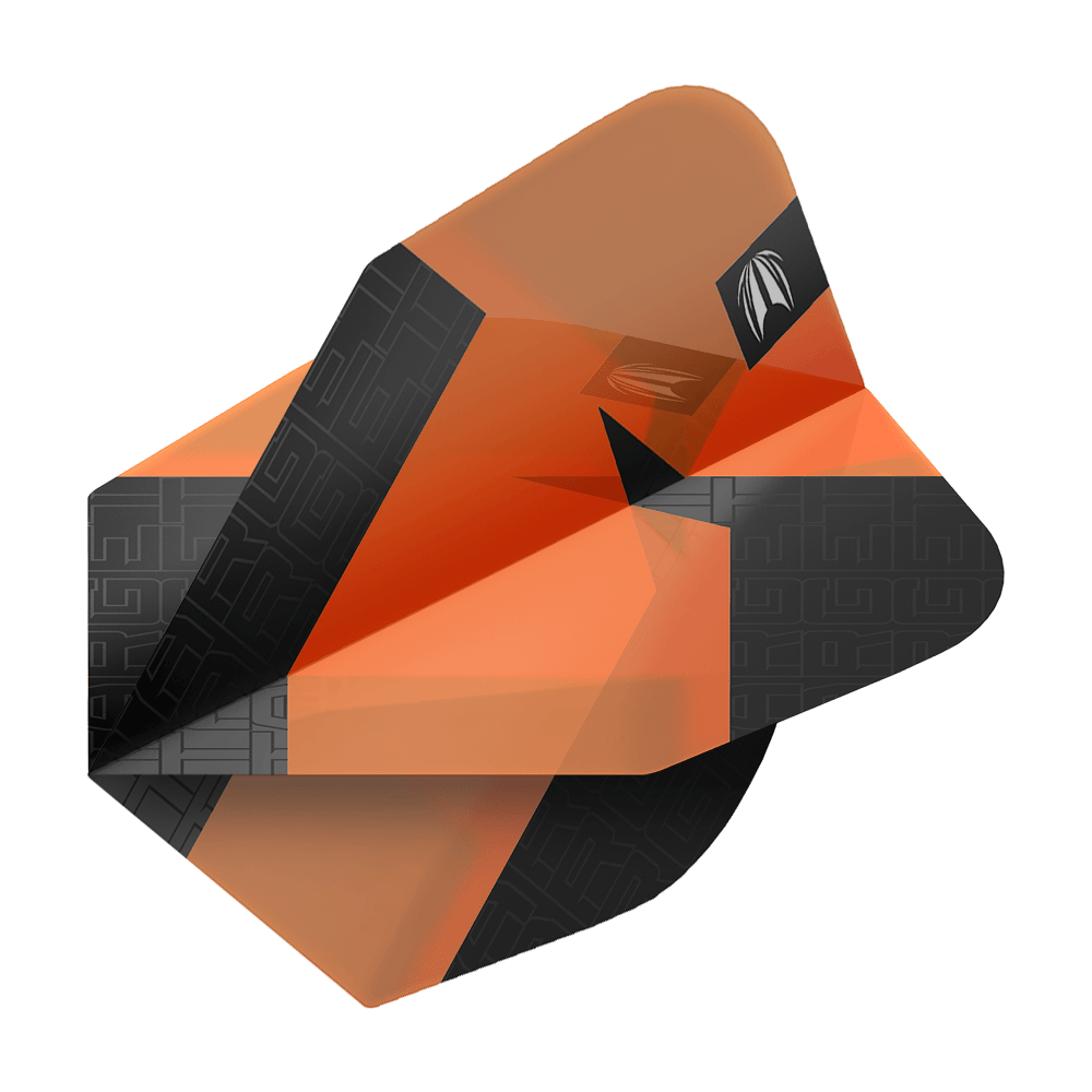Target Pro Ultra TAG Orange No6 Standardowe lotki - 3 zestawy Das Bild zeigt ein orangefarbenes Dart-Flights-Set mit schwarzem Muster. Es handelt sich um das Produkt "Target Pro Ultra TAG Orange No6 Standard Flights - 3 Sets".