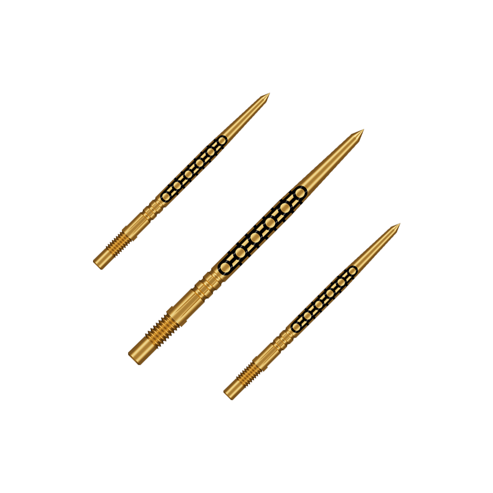 Špičky na šipky Shot Turbo Point Goths - zlaté Das Bild zeigt ein Set goldfarbener Dartspitzen in kurzer Ausführung. Sie eignen sich für verschiedene Dartpfeile.