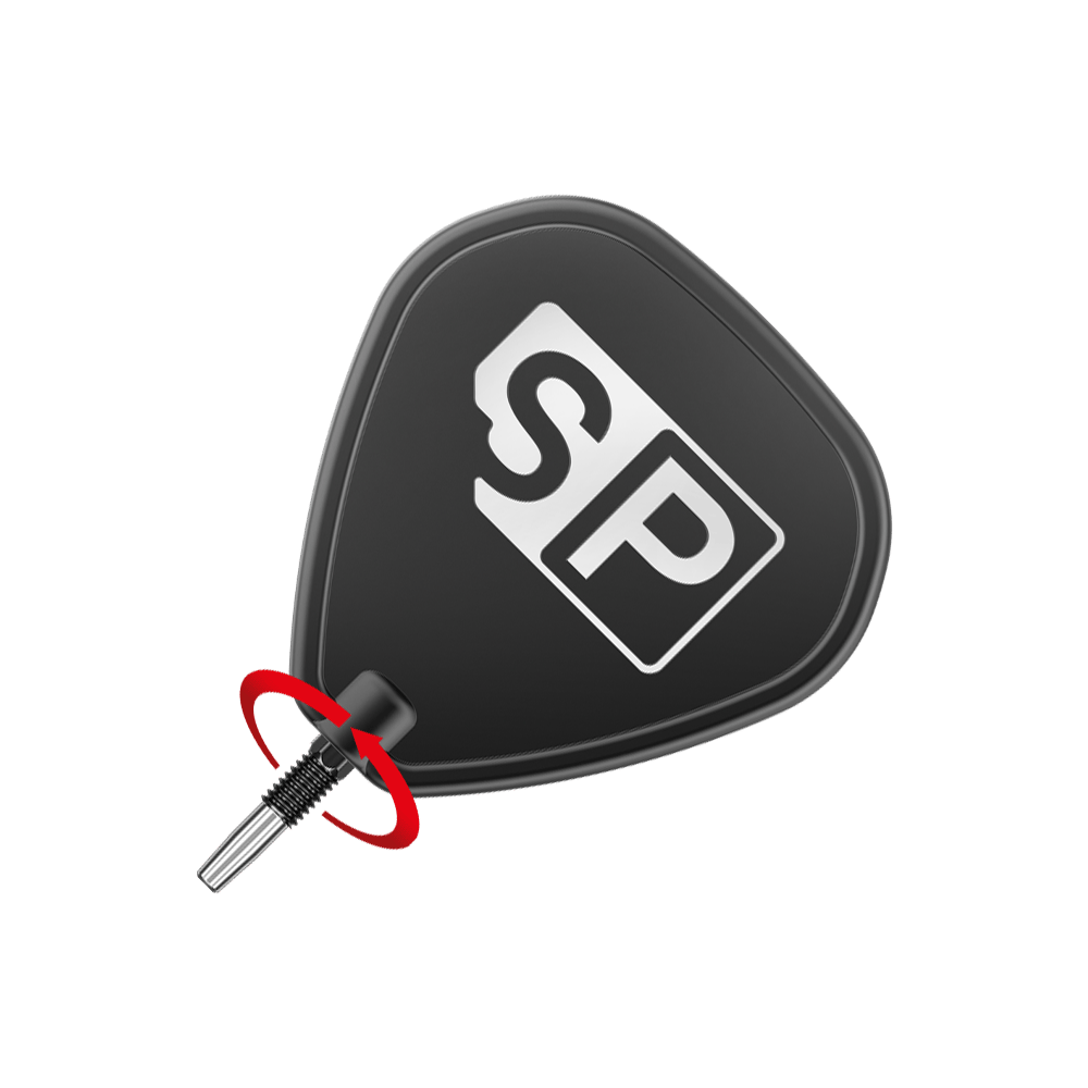 Puntas de dardos Target Swiss Point Chrono - Negras Das Bild zeigt eine schwarze Dartspitze mit dem weißen Logo "SP" darauf. Eine rote Pfeilmarkierung deutet eine Drehbewegung zum Anbringen oder Entfernen der Spitze an.