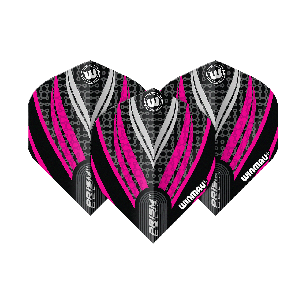 Letky Winmau Prism Delta černá bílá růžová č. 2 standardní Das Bild zeigt drei Dart-Flights des Modells "Winmau Prism Delta Schwarz Weiß Pink No2 Standard". Die Flights haben ein auffälliges Design in Schwarz, Pink und Weiß mit dem Winmau-Logo.