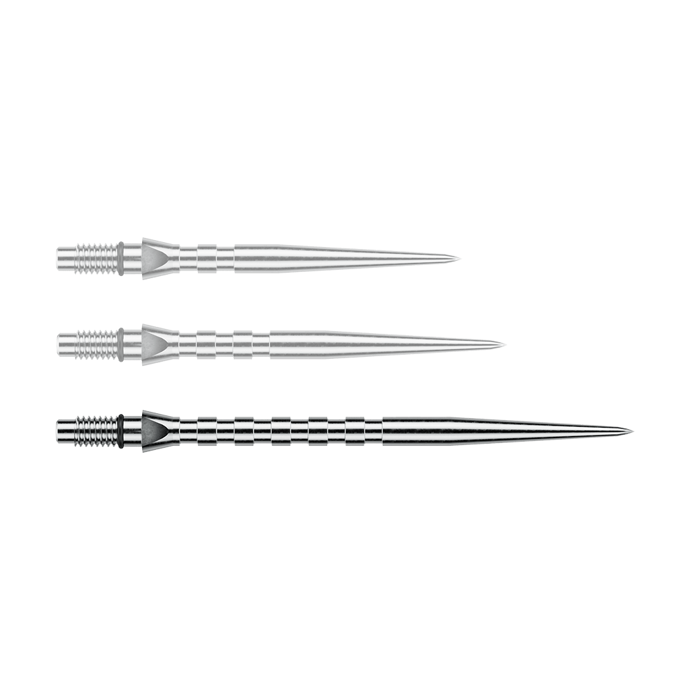 Winmau Switch Point Groove steel dart tips - Silver Effect Das Bild stellt eine einzelne Winmau Switch Point Groove Steeldartspitze mit 40mm Länge dar. Die silberne Spitze besitzt eine geriffelte Struktur für bessere Griffigkeit.