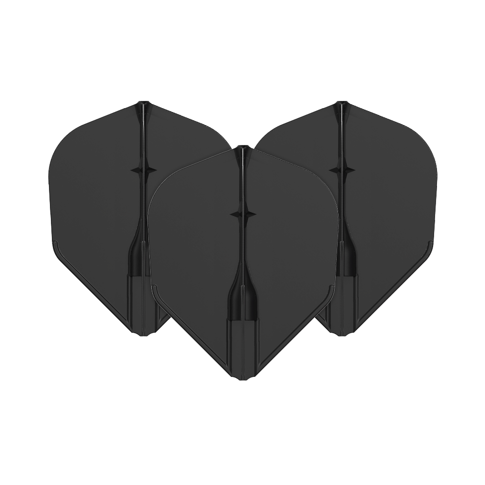 L-Style L3EZ Flights Auf dem Bild sind drei schwarze Dartflights zu sehen. Sie sind in einer Reihe angeordnet und haben eine klassische Form.