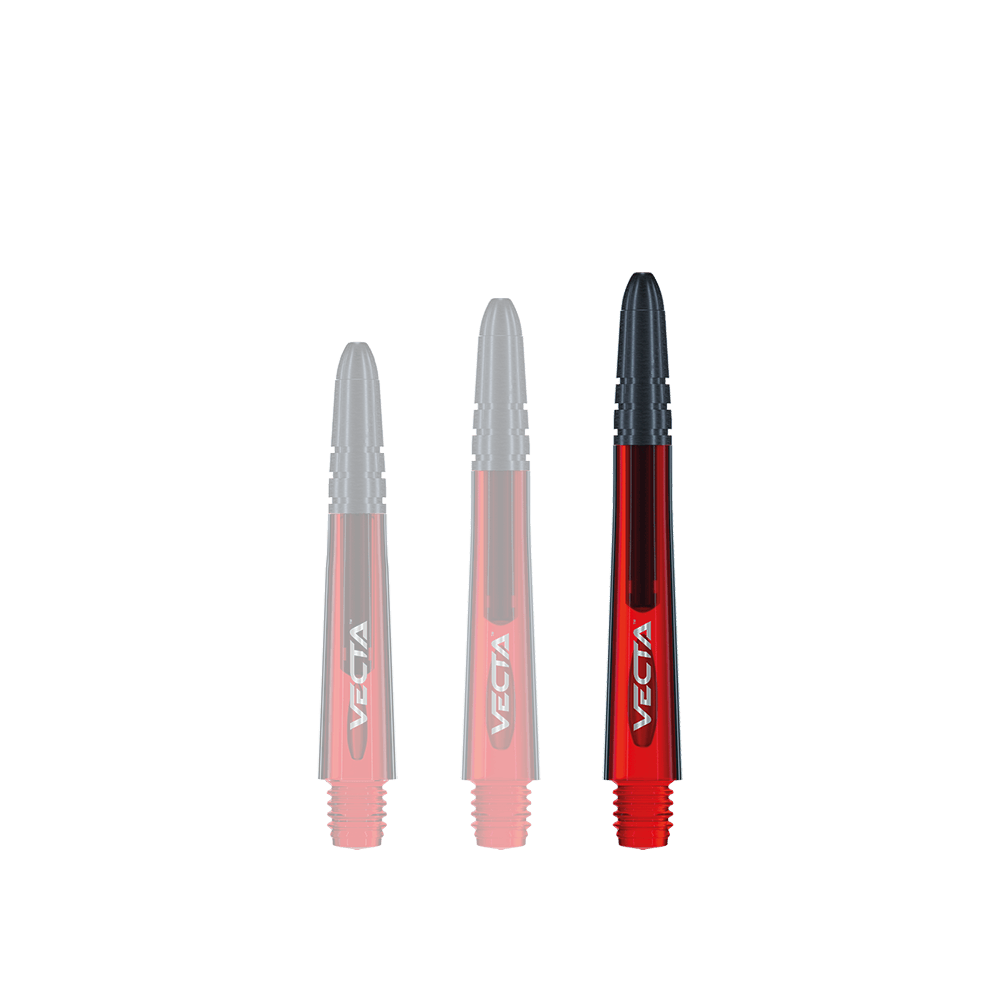 7025-203_Winmau_Vecta_Shafts_Rot_40mm_1 Das Bild zeigt drei rote Winmau Vecta Shafts für Dartpfeile. Sie haben schwarze Spitzen und das Wort "Vecta" ist auf jedem Schaft zu sehen.