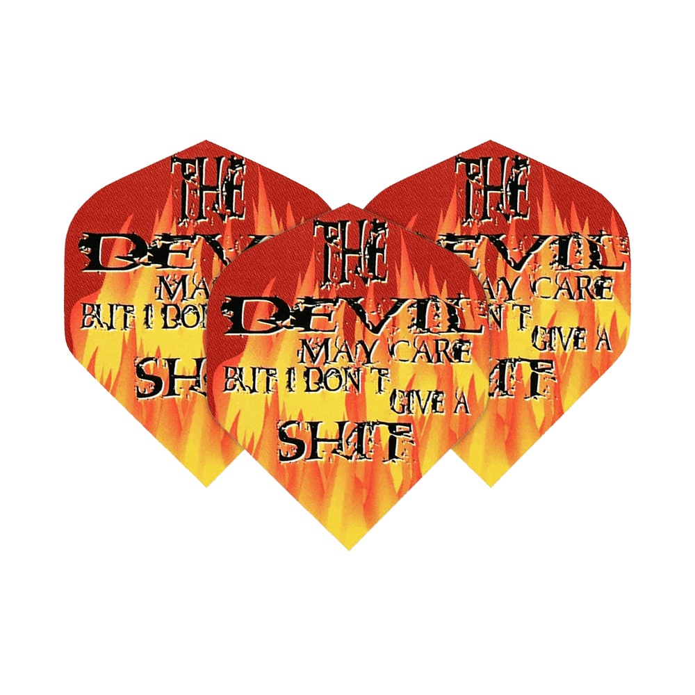 Das Bild zeigt drei Dartflights mit Flammenmuster und auffälligem Schriftzug. Auf den Flights steht: "The Devil may care but I don't give a shit."