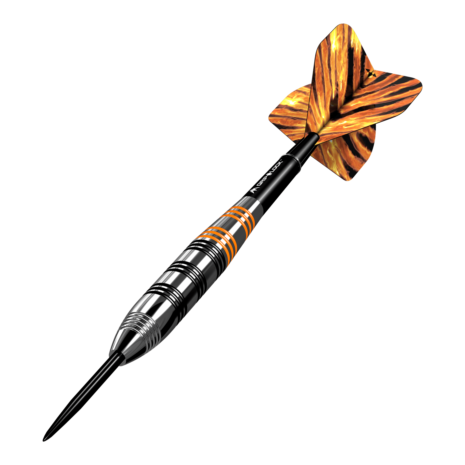 Fléchettes en acier laiton Mission Javan - 22 g Das Bild zeigt einen Mission Javan Brass Steeldart mit einem Gewicht von 22 Gramm. Der Dart hat ein schwarz-silbernes Design mit orangefarbenen Akzenten und auffällig gemusterten Flights.