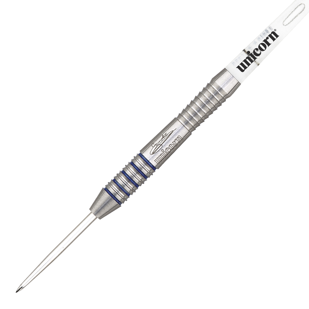 8775_Unicorn_Silver_Star_Var2_Gary_Anderson_Steeldarts_2 Das Bild zeigt einen Unicorn Silver Star Var.2 Gary Anderson Steeldart. Der Dart besteht aus silbernem Metall mit blauen Akzenten und trägt die Aufschrift "unicorn".