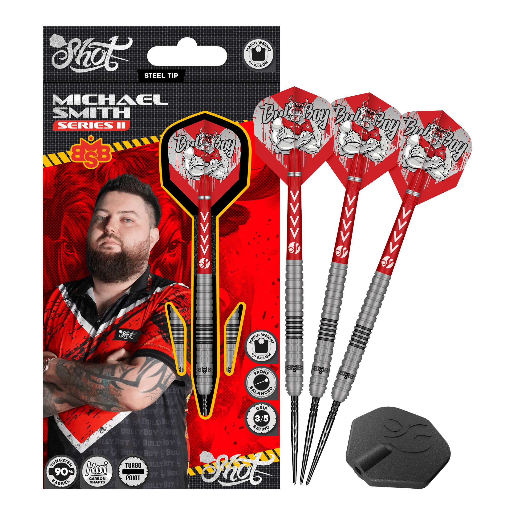 Shot Michael Smith Series 2 Turbo Point stalowe lotki Das Bild zeigt die Shot Michael Smith Series 2 Turbo Point Steeldarts. Es sind hochwertige Steeldarts, die für den professionellen Gebrauch geeignet sind.