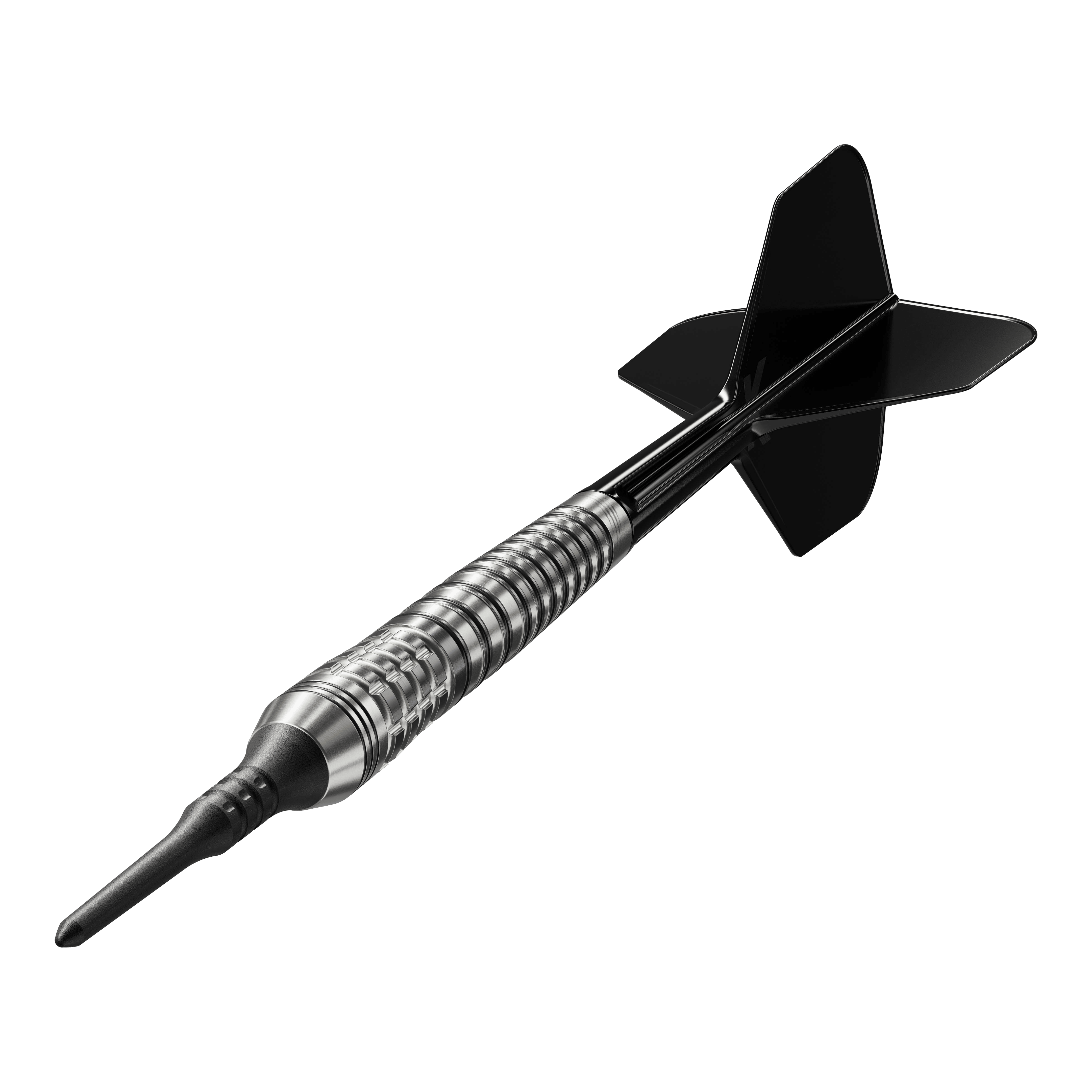 Dardos blandos Target Japan Black Marque Renegade 4 - 19 g Das Bild zeigt einen Softdartpfeil mit schwarzer Spitze und schwarzen Flights. Es handelt sich um das Modell "Target Japan Black Marque Renegade 4 Softdarts - 19g".