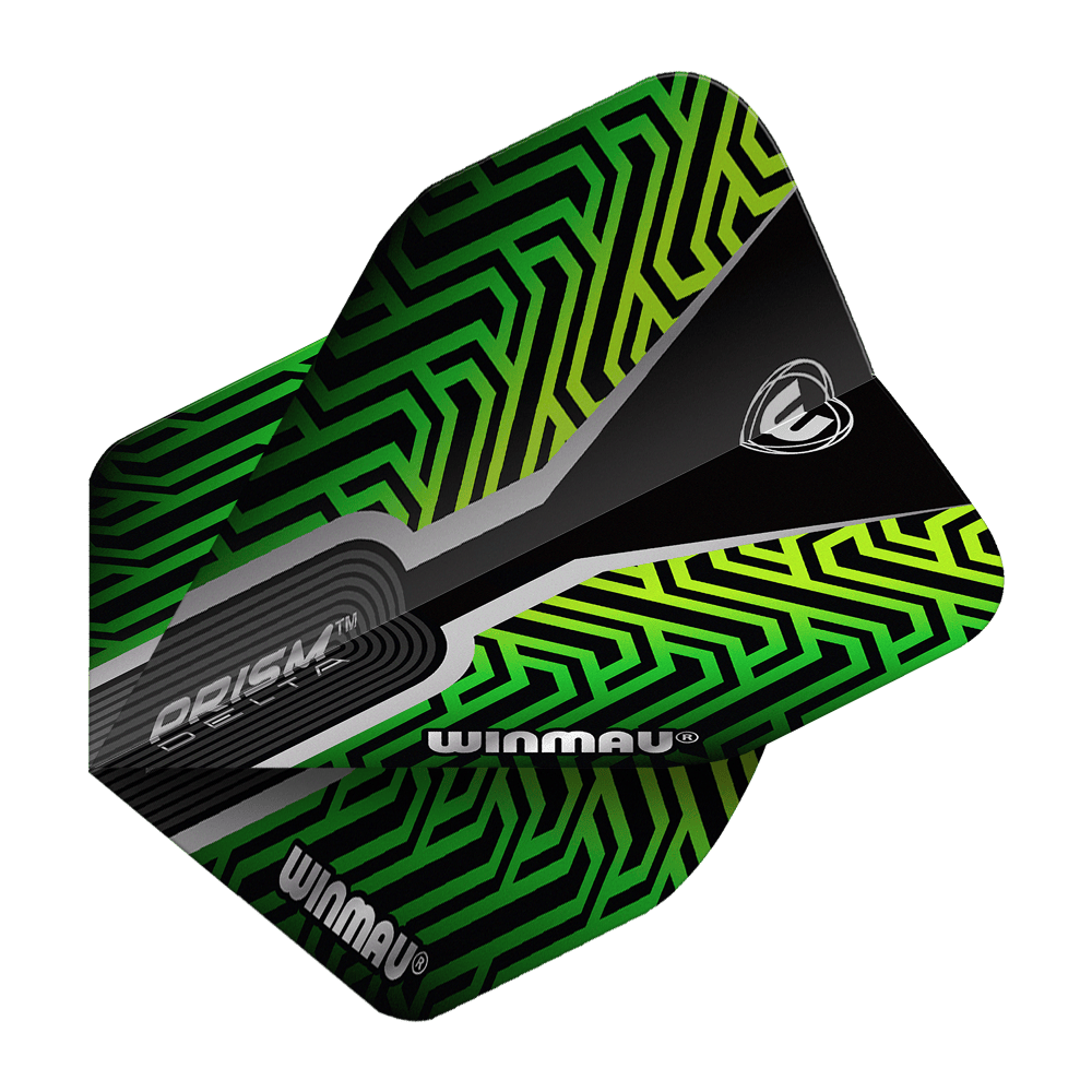 Letky Winmau Prism Delta Kairos No2 Standardní zelené Das Bild zeigt ein Dartflight des Modells "Winmau Prism Delta Kairos No2 Standard" in Grün. Das Flight hat ein auffälliges, geometrisches Muster in Grün- und Schwarztönen mit dem Winmau-Logo.