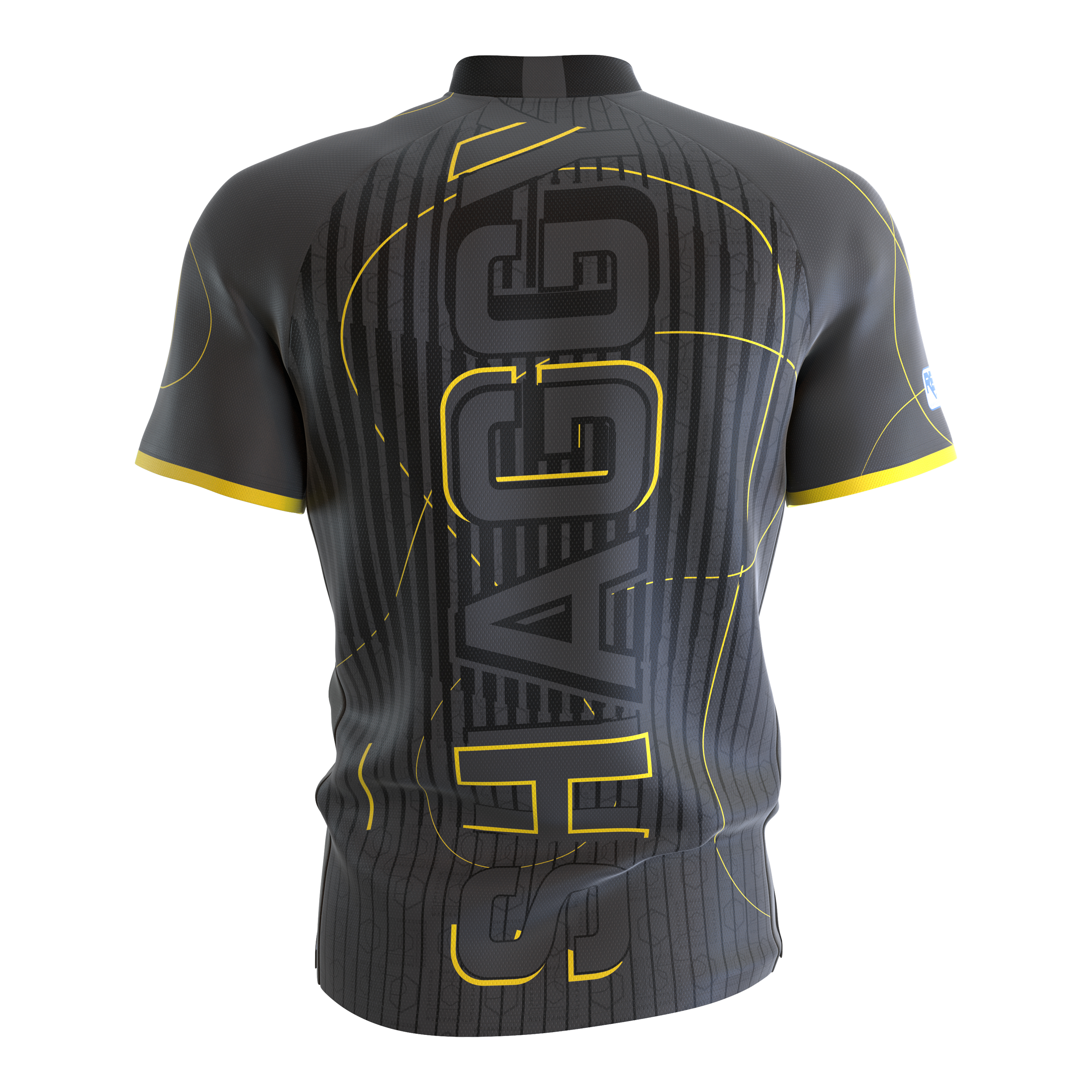 Target Coolplay Collarless Scott Williams Dartshirt Das Bild zeigt das Target Coolplay Collarless Scott Williams Dartshirt von hinten. Das Shirt ist grau mit gelben Akzenten und dem großen Schriftzug "SHAGGY" auf dem Rücken.