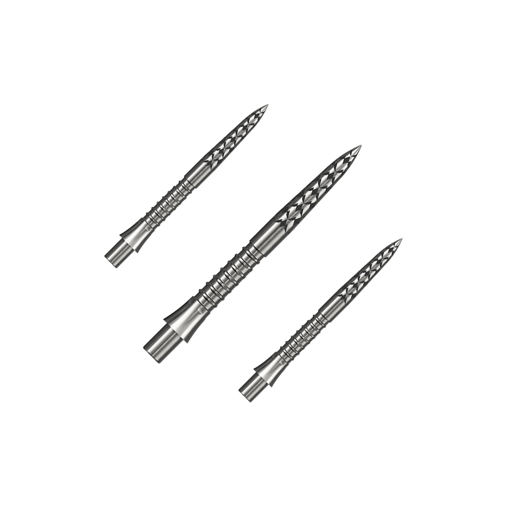 Puntas de dardos Mission Caliburn EVO con logotipo GV - plateadas Hier ist ein Set silberner Steeldartspitzen mit 26 mm Länge zu sehen. Die Aufnahme basiert auf der Datei M002127_Missoin_Caliburn_EVO_GV-Logo_Steeldartspitzen_Silber_26mm_1Set.