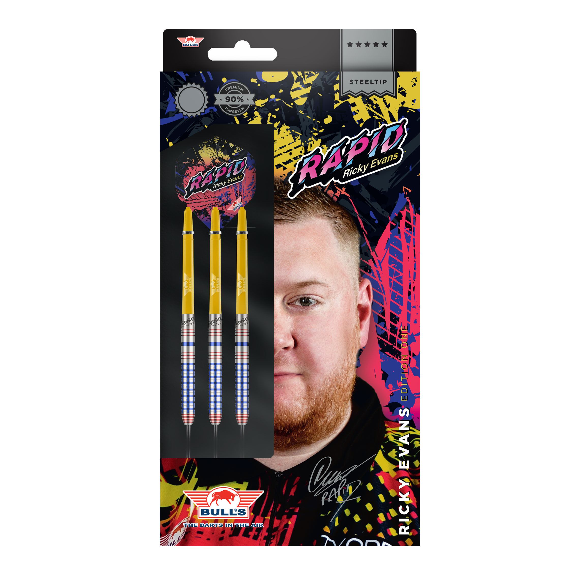 Dardos de acero Rapid Edition One de Ricky Evans de la Liga Nacional Bulls Die Abbildung zeigt die Verpackung der "Bulls NL Ricky Evans Rapid Edition One Steeldarts". Auf der Packung sind drei gelb-silberne Steeldarts und ein Porträt von Ricky Evans zu sehen.