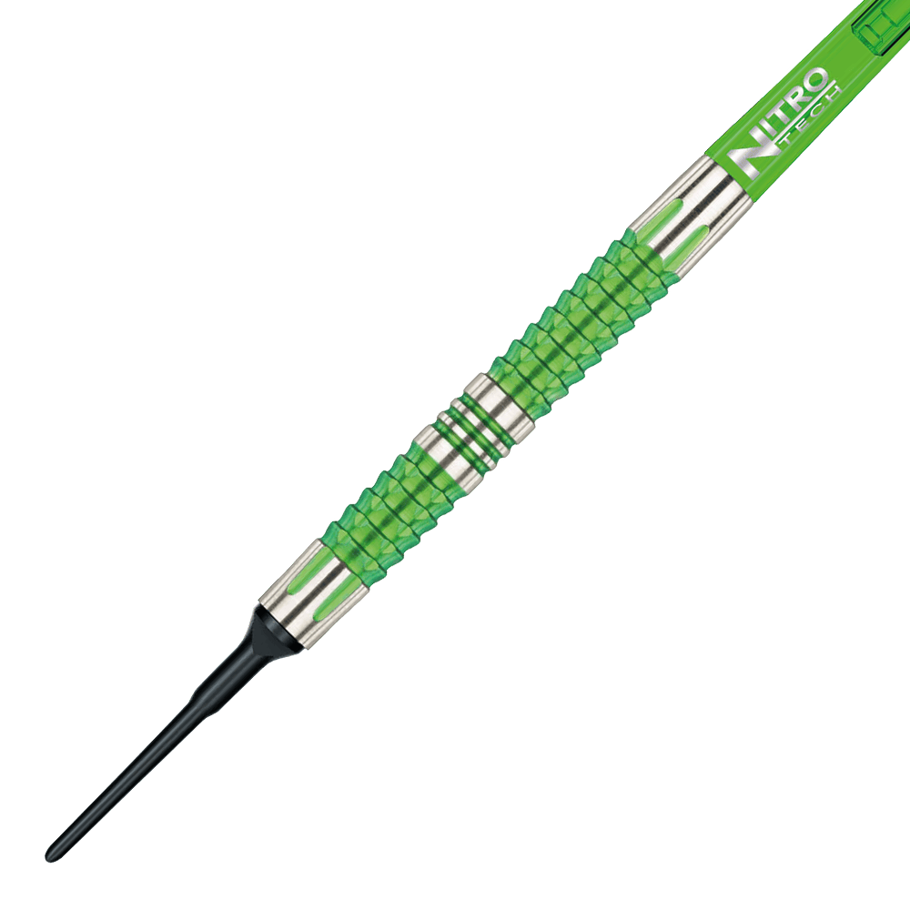 Das Bild zeigt einen Softdart aus der Serie "Red Dragon Peter Wright Snakebite Mamba 2". Der Dart hat grüne und silberne Elemente mit einer strukturierten Griffzone.