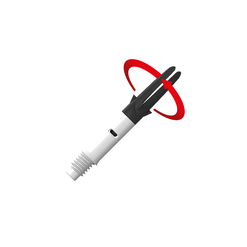 Wałek L-L-Style-Shaft Carbon Silent Straight - biały Das Bild zeigt einen weißen und schwarzen Dart-Schaft mit einem Gewinde am unteren Ende. Ein roter Pfeil deutet auf eine Drehbewegung des oberen Teils hin.