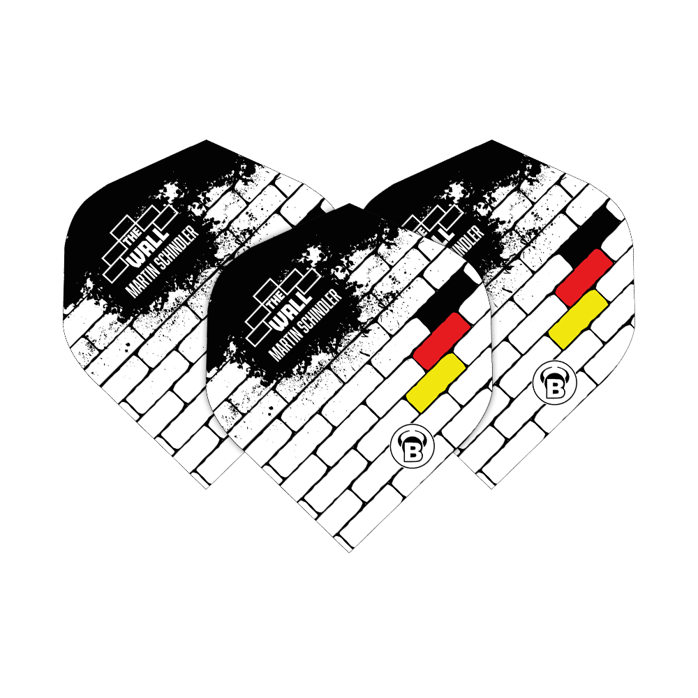 Standardní lety Bulls B-Star Martin Schindler White No2 Das Bild zeigt drei Dart Flights des Modells "Bulls B-Star Martin Schindler White No2 Standard". Die Flights sind weiß mit einem schwarzen Ziegelmuster und zeigen die deutschen Farben sowie den Schriftzug "THE WALL Martin Schindler".