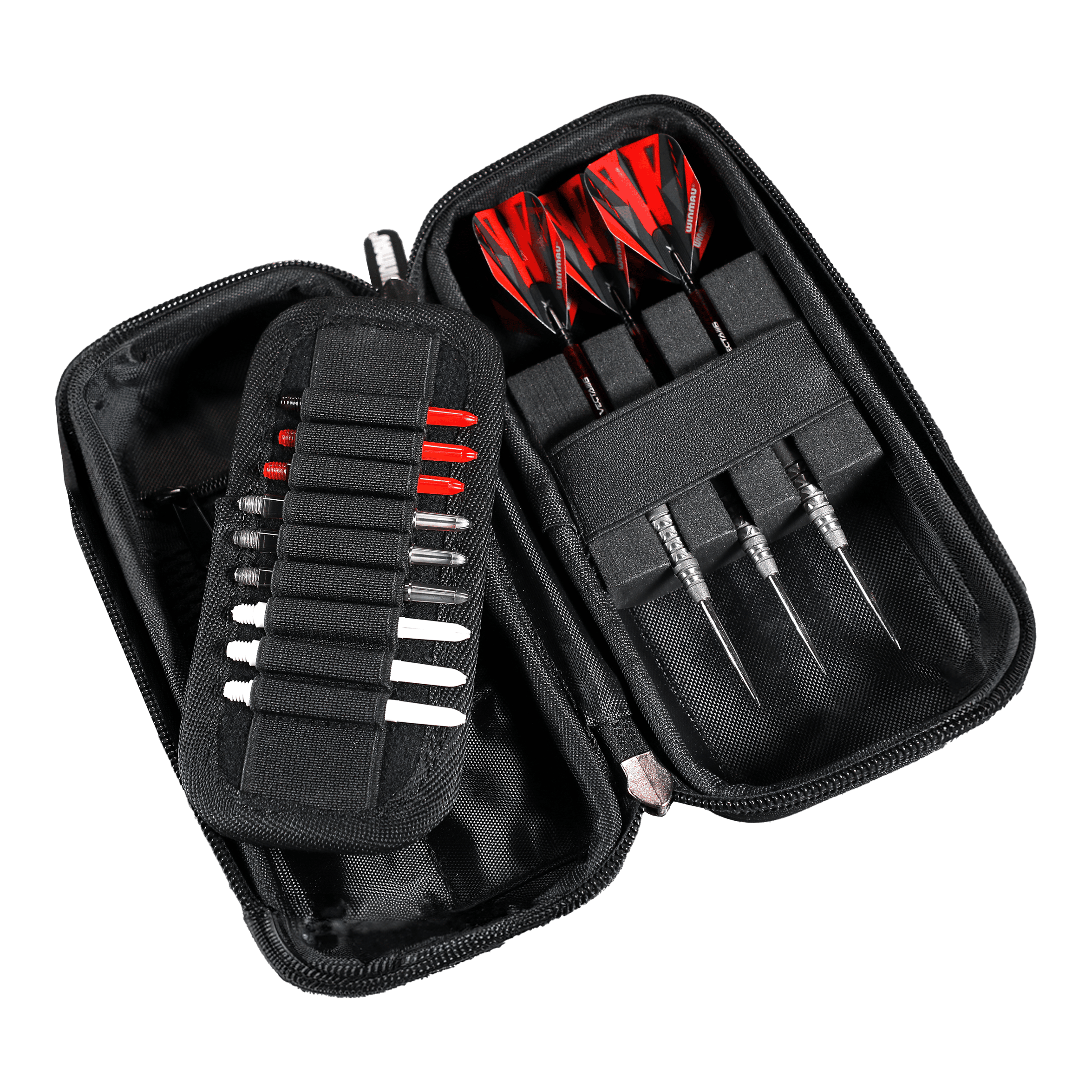 Winmau Armor G1 Dartwallet In diesem Bild ist ein offenes Dart-Etui zu sehen. Es enthält drei zusammengebaute Darts und mehrere Ersatzteile wie Spitzen und Flights.