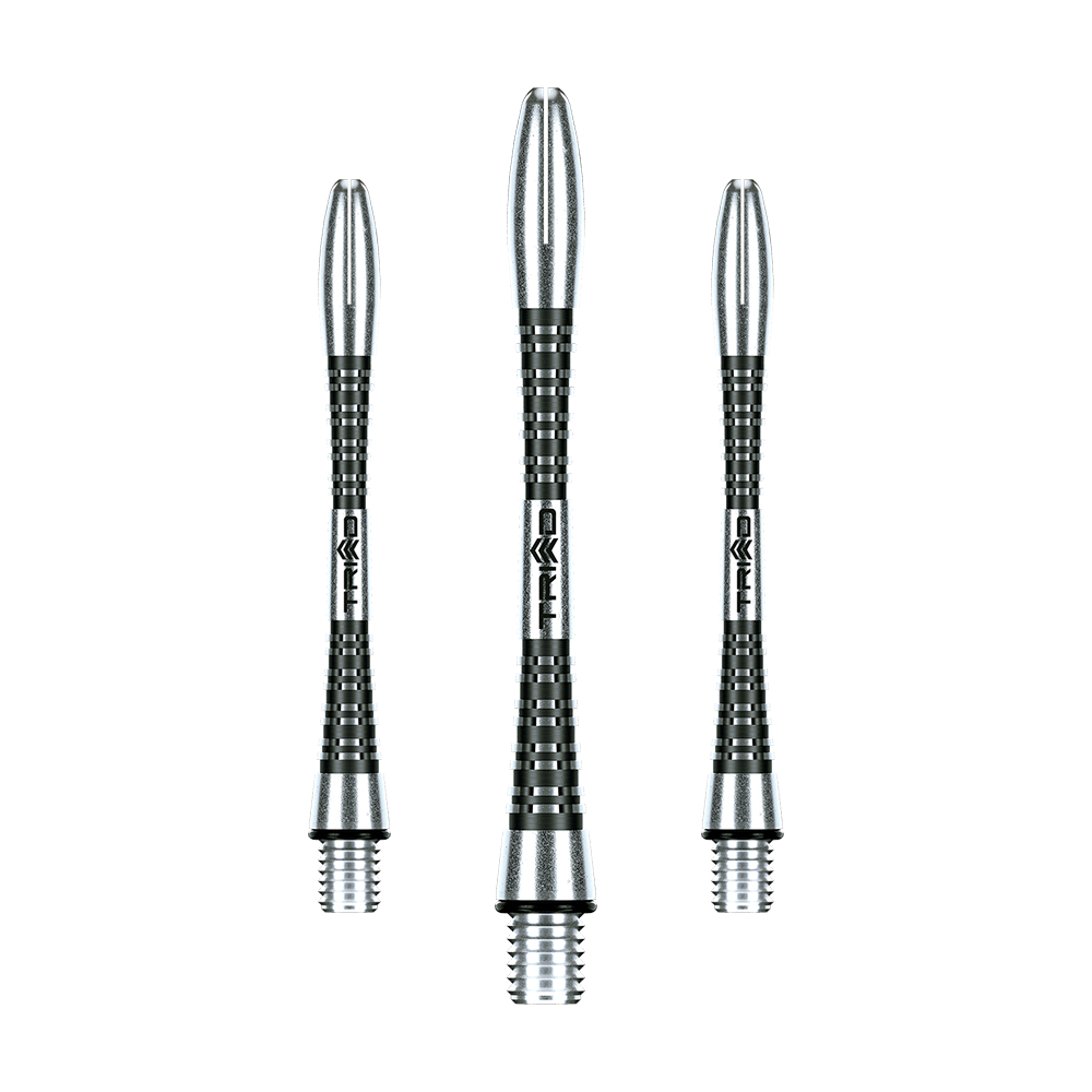7013-201_Winmau_Triad_Aluminium_Shafts_Schwarz_46mm_1 Auf dem Bild sind drei silber-schwarze Aluminiumschäfte für Darts zu sehen. Sie sind länglich und besitzen ein geriffeltes Muster für besseren Halt.