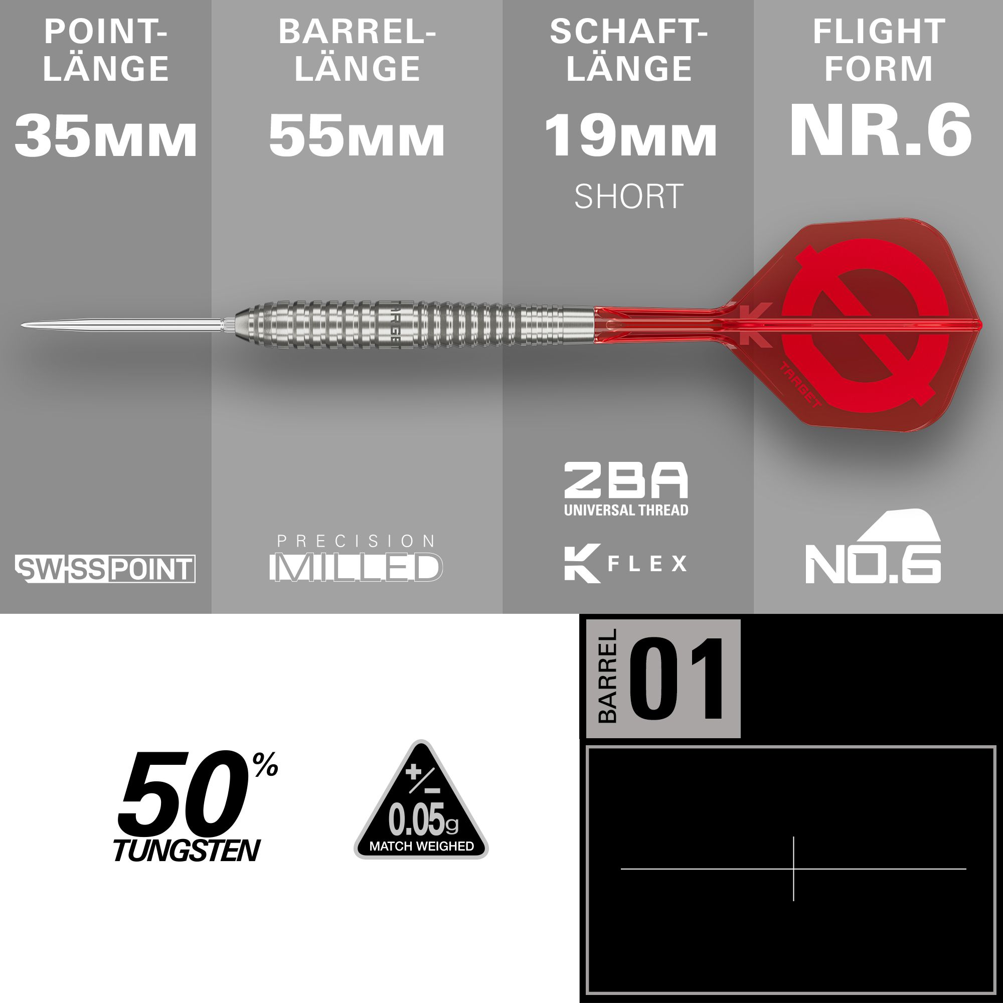 Targetová skupina O 01 Švýcarské body Steeldarts Das Foto zeigt das Target Group O 01 Swiss Points Steeldarts Set aus einer anderen Perspektive. Die Struktur der Darts wird betont.