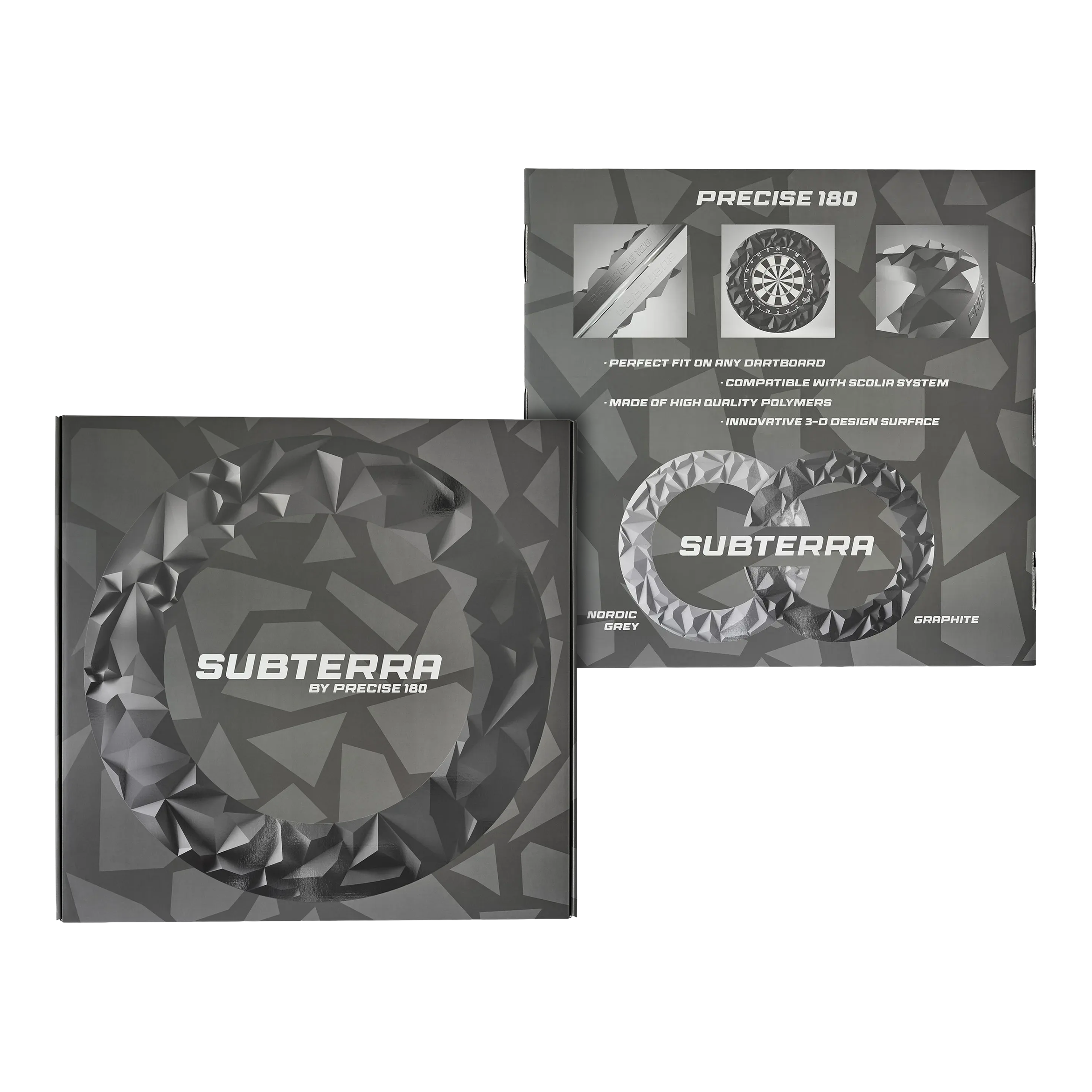 Tablero de dardos 3D Precise 180 Surround Subterra - Grafito Das Bild zeigt das Precise 180 3D Dartboard Surround Subterra in Graphit. Es handelt sich um ein modernes Dartboard-Zubehör für den professionellen Einsatz.