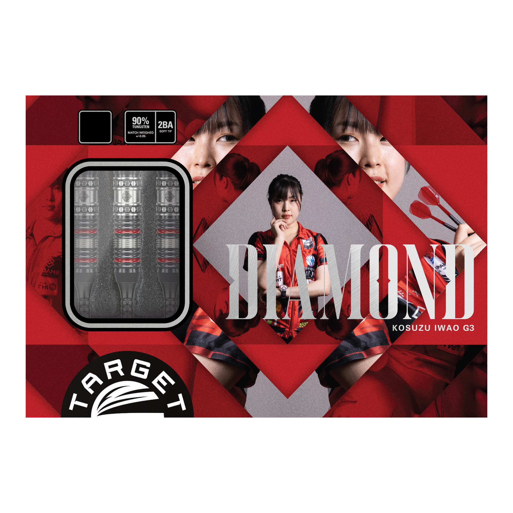 Dardos blandos Target Japan Prime Series Diamond GEN3 - 18 g Die Abbildung zeigt das Produkt "Target Japan Prime Series Diamond GEN3 Softdarts - 18g". Auf der Verpackung sind die Darts selbst sowie ein Porträt einer Frau und das Wort "DIAMOND" zu sehen.