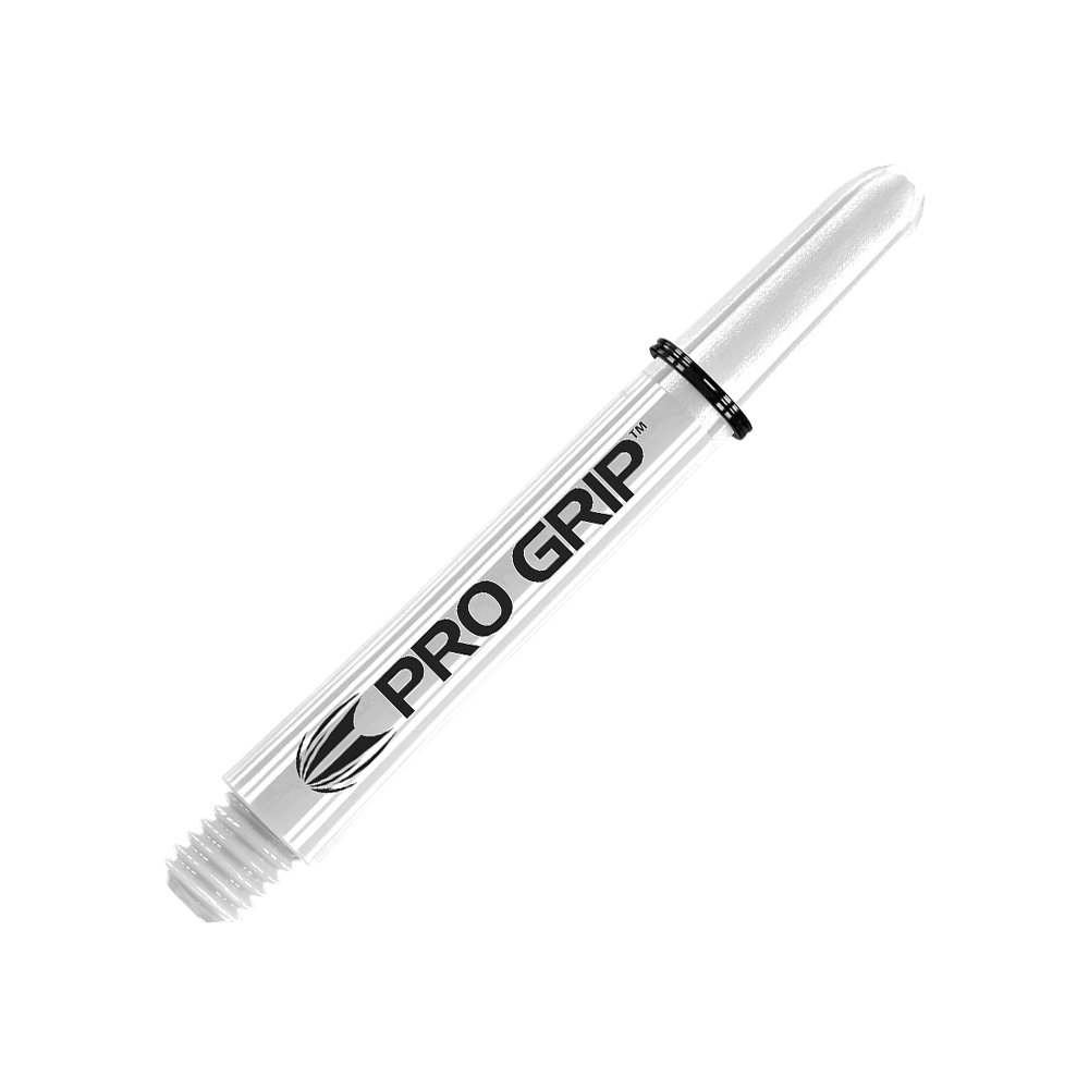Das Bild zeigt einen weißen Pro Grip Schaft für Dartpfeile. Auf dem Schaft steht gut sichtbar der Schriftzug "PRO GRIP".