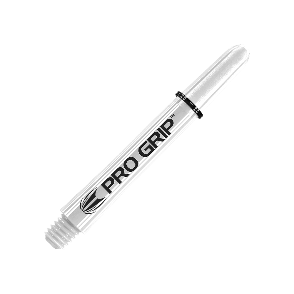 Target Pro Grip Shafts - 3 Sets - White Das Bild zeigt einen weißen Pro Grip Schaft für Dartpfeile. Auf dem Schaft steht gut sichtbar der Schriftzug "PRO GRIP".