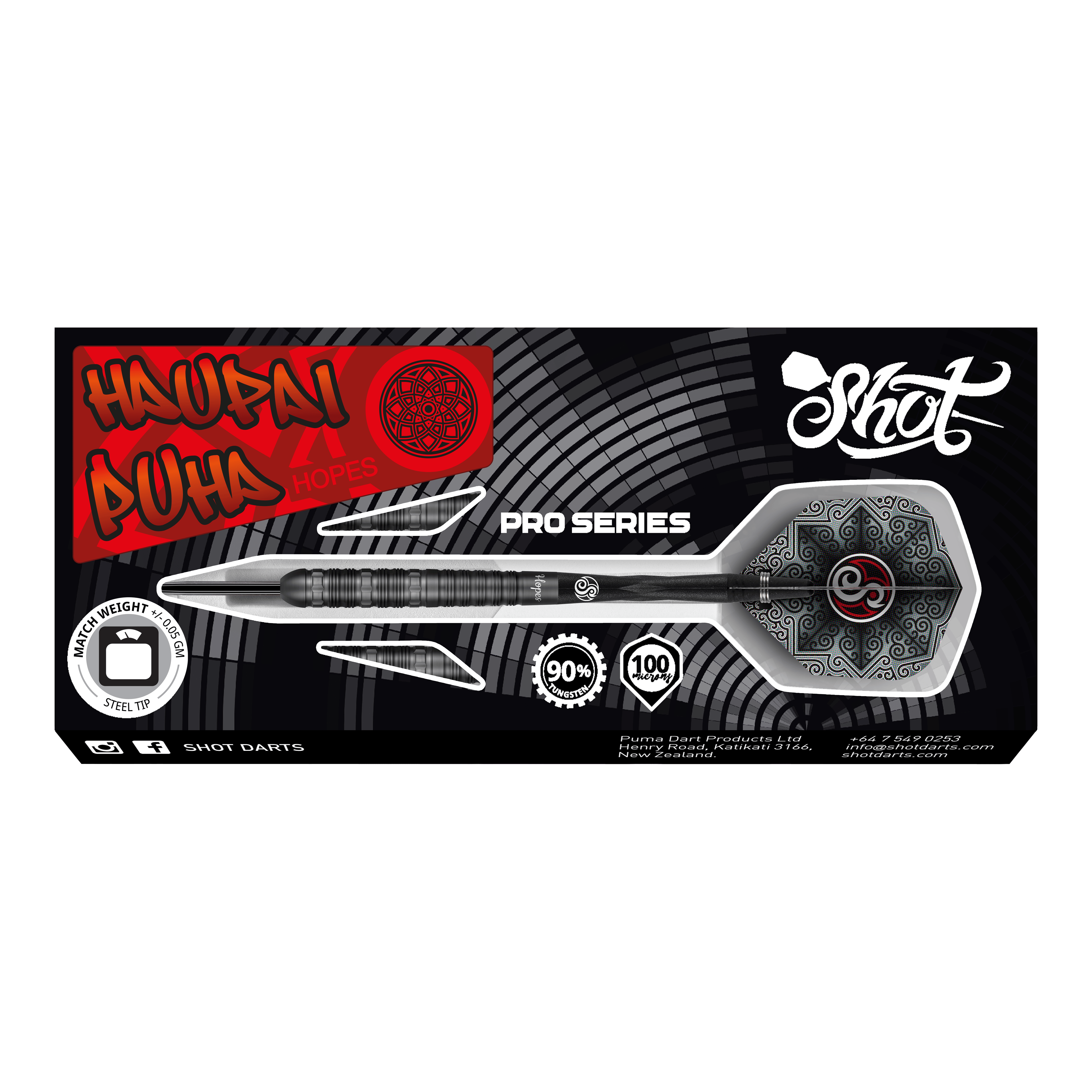 Shot Pro-Series Haupai Puha 2 steel darts - 24g Das Bild zeigt die Verpackung der Shot Pro-Series Haupai Puha 2 Steeldarts mit 24g Gewicht. Die Verpackung ist schwarz mit auffälligen roten und weißen Designelementen sowie einem großen Bild eines Steeldarts.