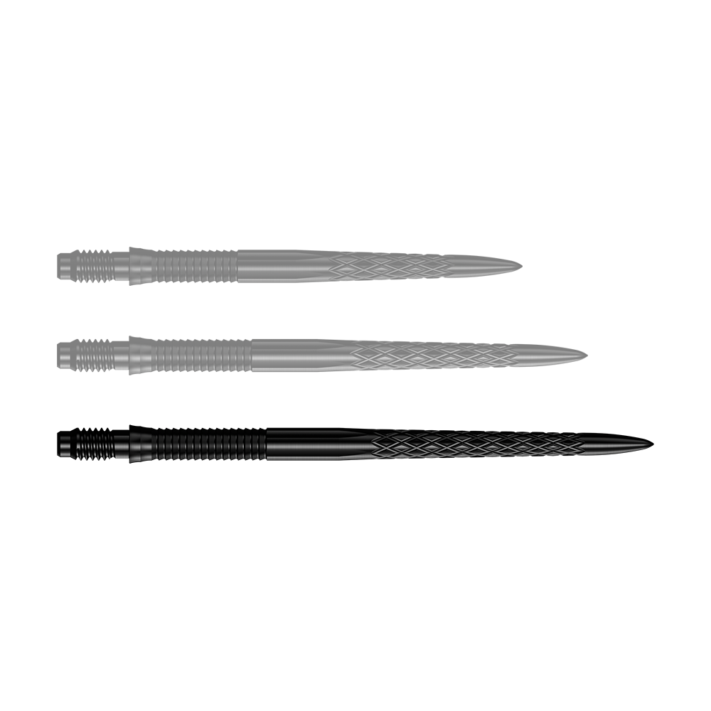 Dartspitzen in Schwarz werden angezeigt. Die Abbildung zeigt die Mission R25 Rapid Point DSX Dartspitzen mit einer Länge von 40mm.