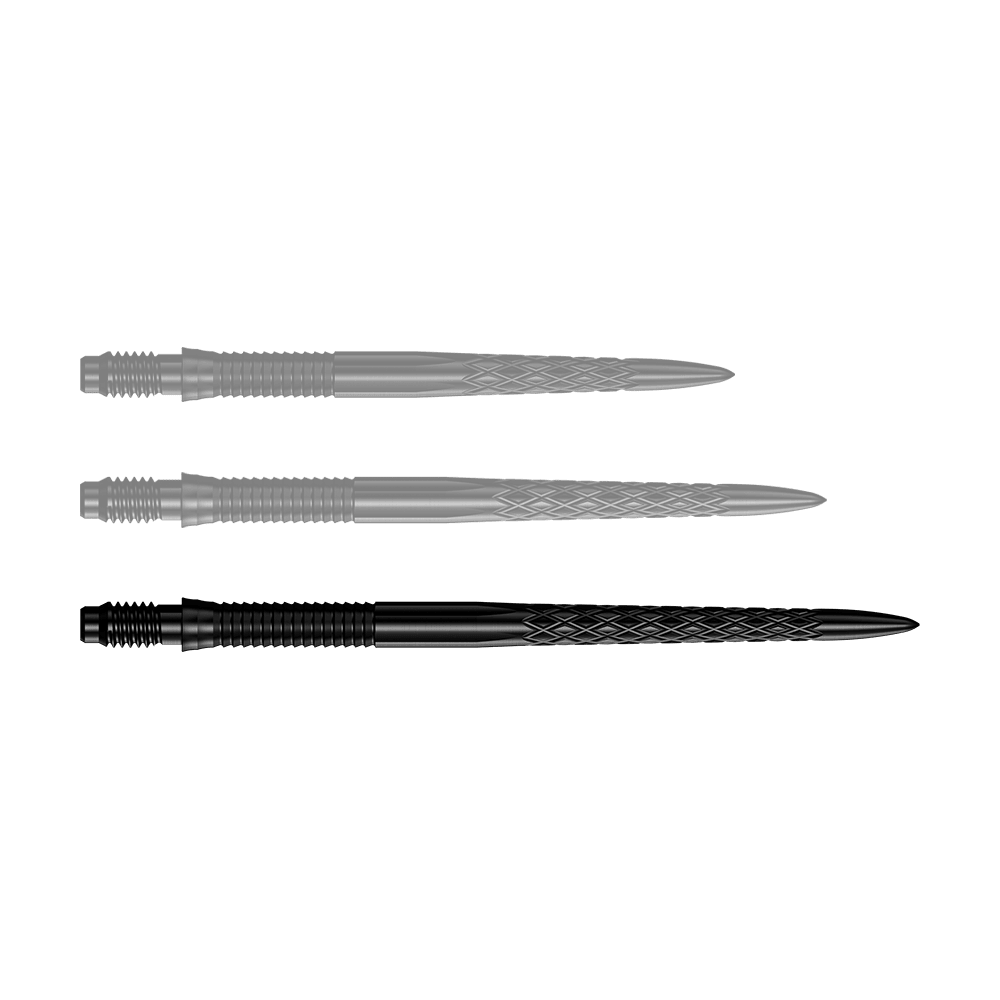 Mission R2.5 Rapid Point DSX Dartspitzen - Schwarz Dartspitzen in Schwarz werden angezeigt. Die Abbildung zeigt die Mission R25 Rapid Point DSX Dartspitzen mit einer Länge von 40mm.