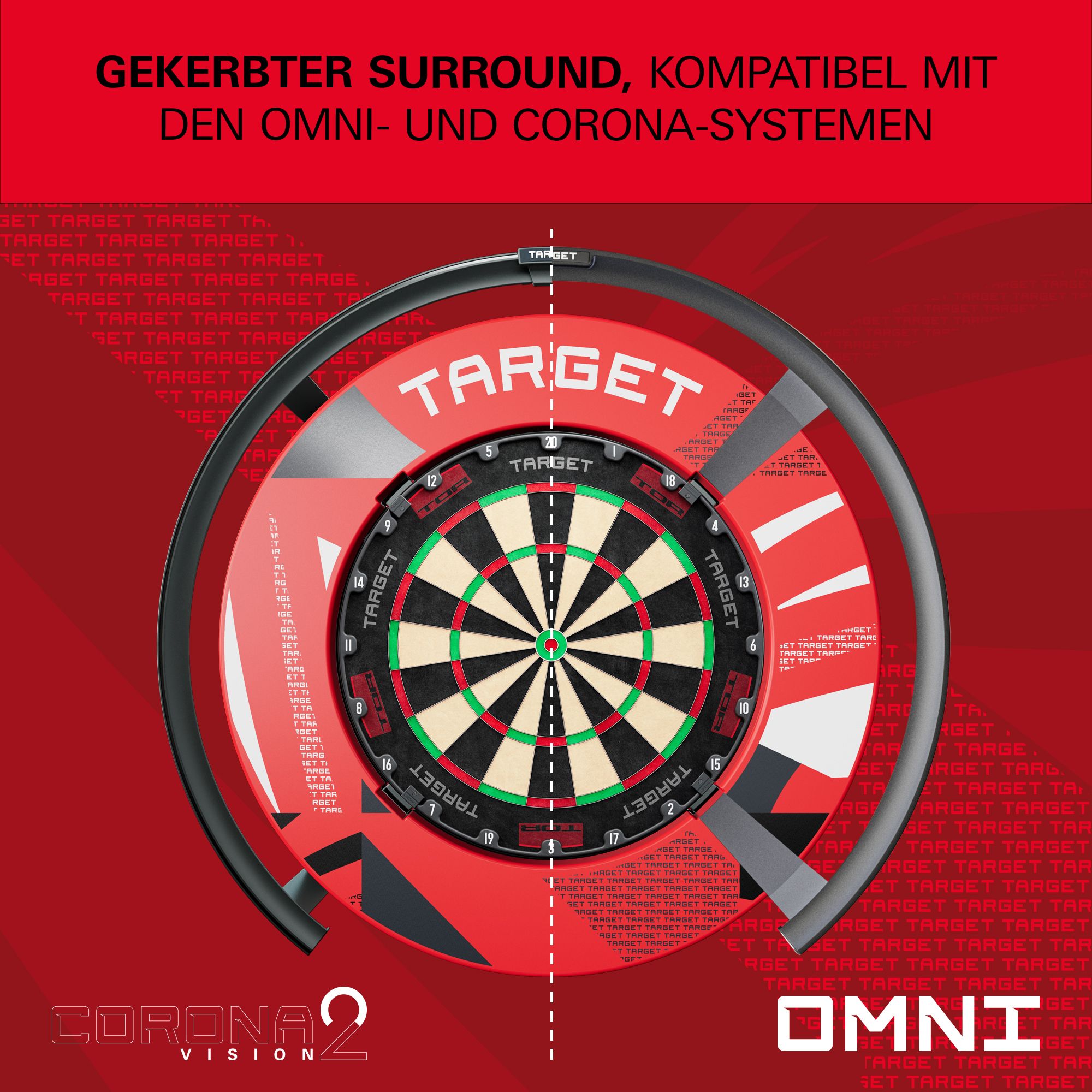 Obložení terče s vroubkovaným vzorem Abgebildet ist eine rote Dartboard-Umrandung mit Muster. Die Oberfläche weist feine Strukturen auf.