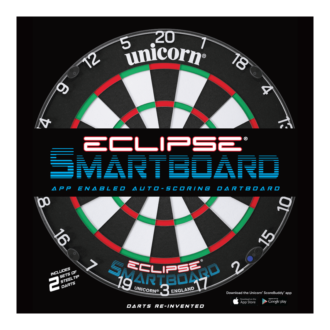 Unicorn Eclipse Smartboard Steeldartboard Das Bild zeigt das Produkt "Unicorn Eclipse Smartboard Steeldartboard". Es handelt sich um eine App-unterstützte Steeldart-Scheibe mit automatischer Punkteauswertung.