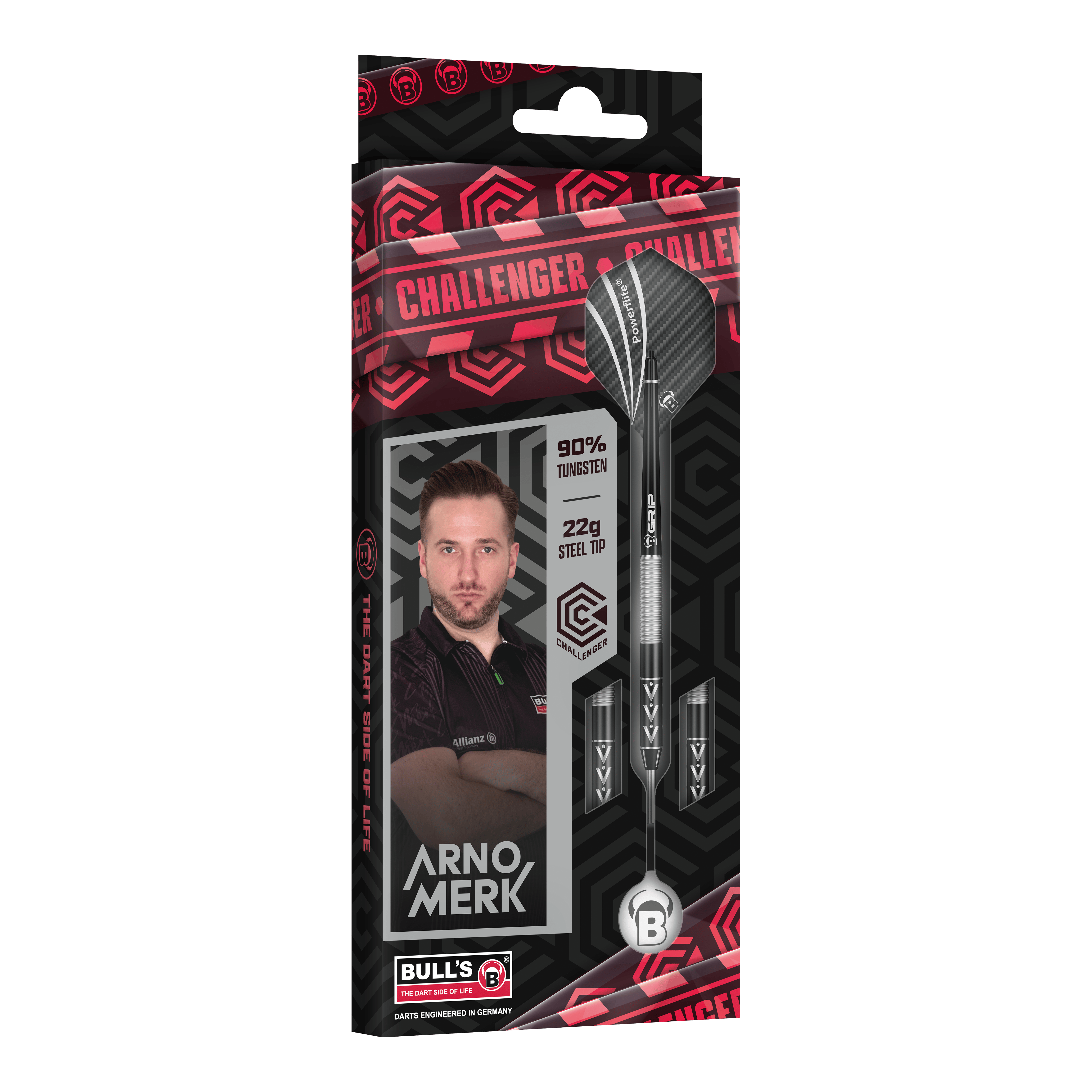 Bulls Challenger Arno Merk ocelové šipky - 22g Die Abbildung zeigt die Verpackung der „Bulls Challenger Arno Merk Steeldarts - 22g“. Auf der Verpackung sind der Dartspieler Arno Merk, die Darts sowie die Angaben „90% Tungsten“ und „22g Steel Tip“ zu sehen.