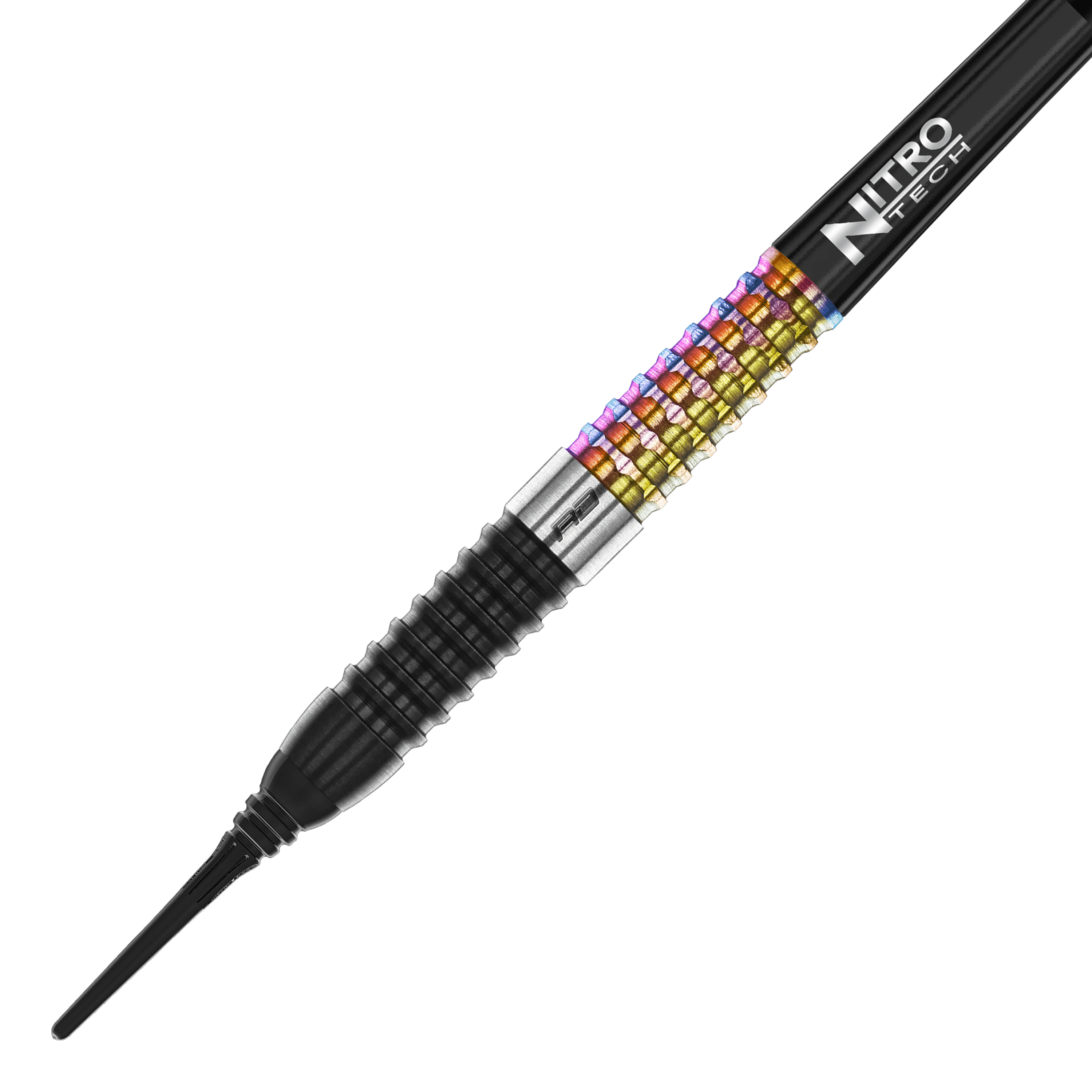 Red Dragon Peter Wright Corra Soft Darts - 18g Das Bild zeigt einen Red Dragon Peter Wright Corra Softdart mit 18g Gewicht. Der Dart hat ein farbiges, geriffeltes Griffstück und eine schwarze Spitze.