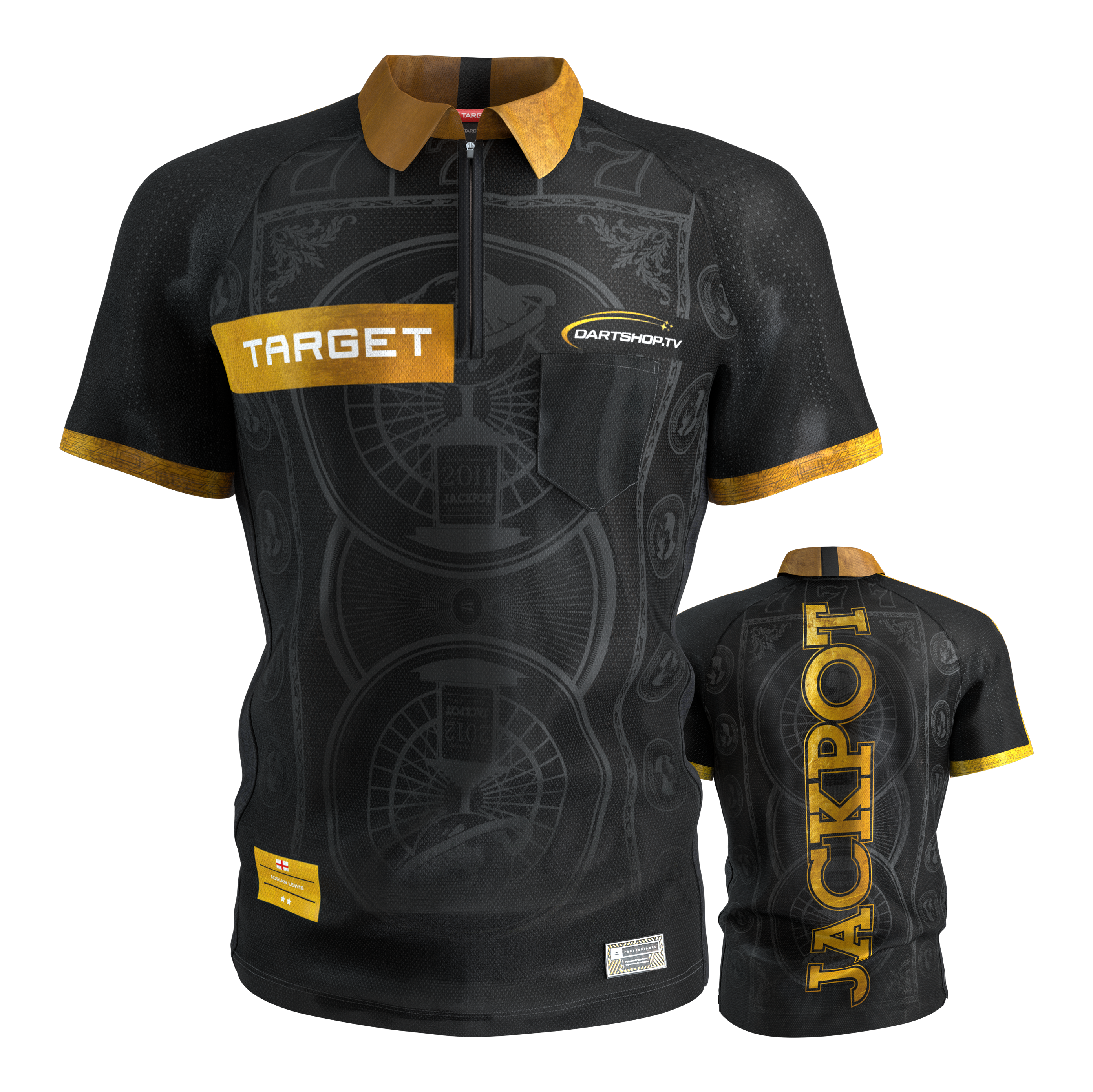 T-shirt de fléchettes Target Adrian Lewis 2026 Das Target Adrian Lewis Dartshirt 2026 ist auf diesem Bild sichtbar. Es ist ideal für Darts-Fans und Spieler geeignet.