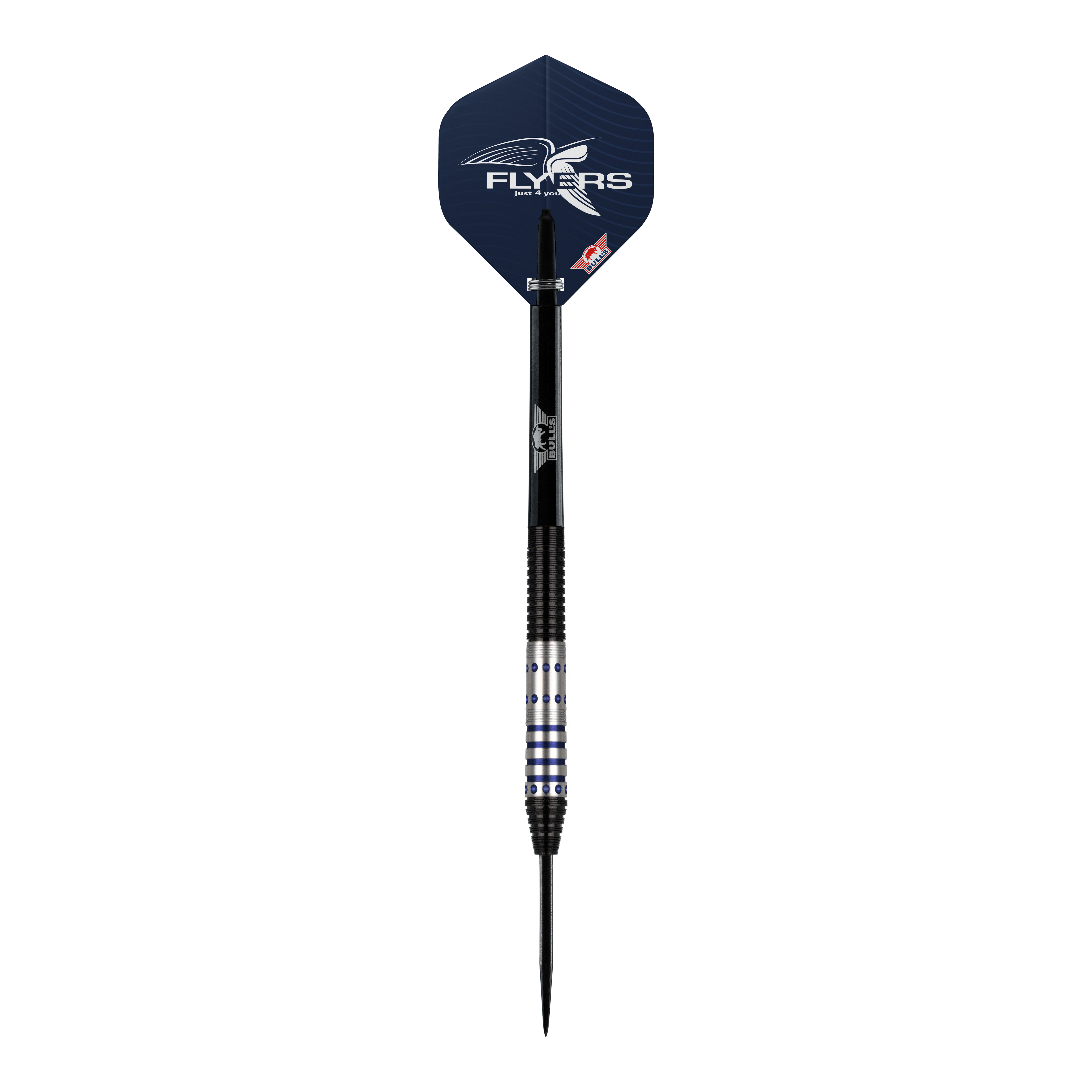 Dardos de acero Bulls NL Richard Veenstra 90 - 23 g Dies ist ein Steeldart aus der Serie "Bulls NL Richard Veenstra 90" mit einem Gewicht von 23 Gramm. Der Dart hat ein silbernes und schwarzes Design mit blauen Akzenten und einem Flight mit "Flyers"-Logo.