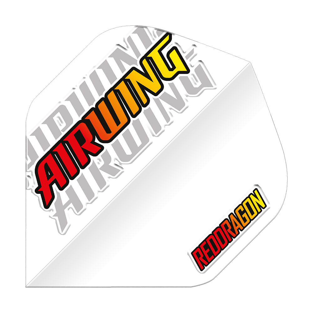Red Dragon Airwing Czerwone Logo Standardowe Loty Dieses Bild zeigt ein weißes Dartflügel-Produkt mit der Aufschrift „AIRWING“ in Rot, Orange und Gelb. In der unteren rechten Ecke steht das Logo „REDDRAGON“ ebenfalls in Rot und Gelb.