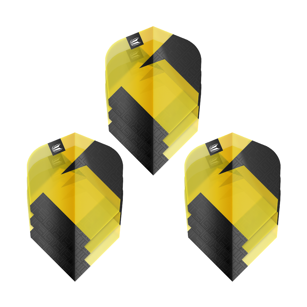 Vuelos estándar Target Pro Ultra TAG amarillos Ten-X - 3 juegos Das Bild zeigt drei gelb-schwarze Dart-Flights des Produkts "Target Pro Ultra TAG Gelb Ten-X Standard Flights". Die Flights haben ein modernes, geometrisches Design und werden als 3er-Set angeboten.