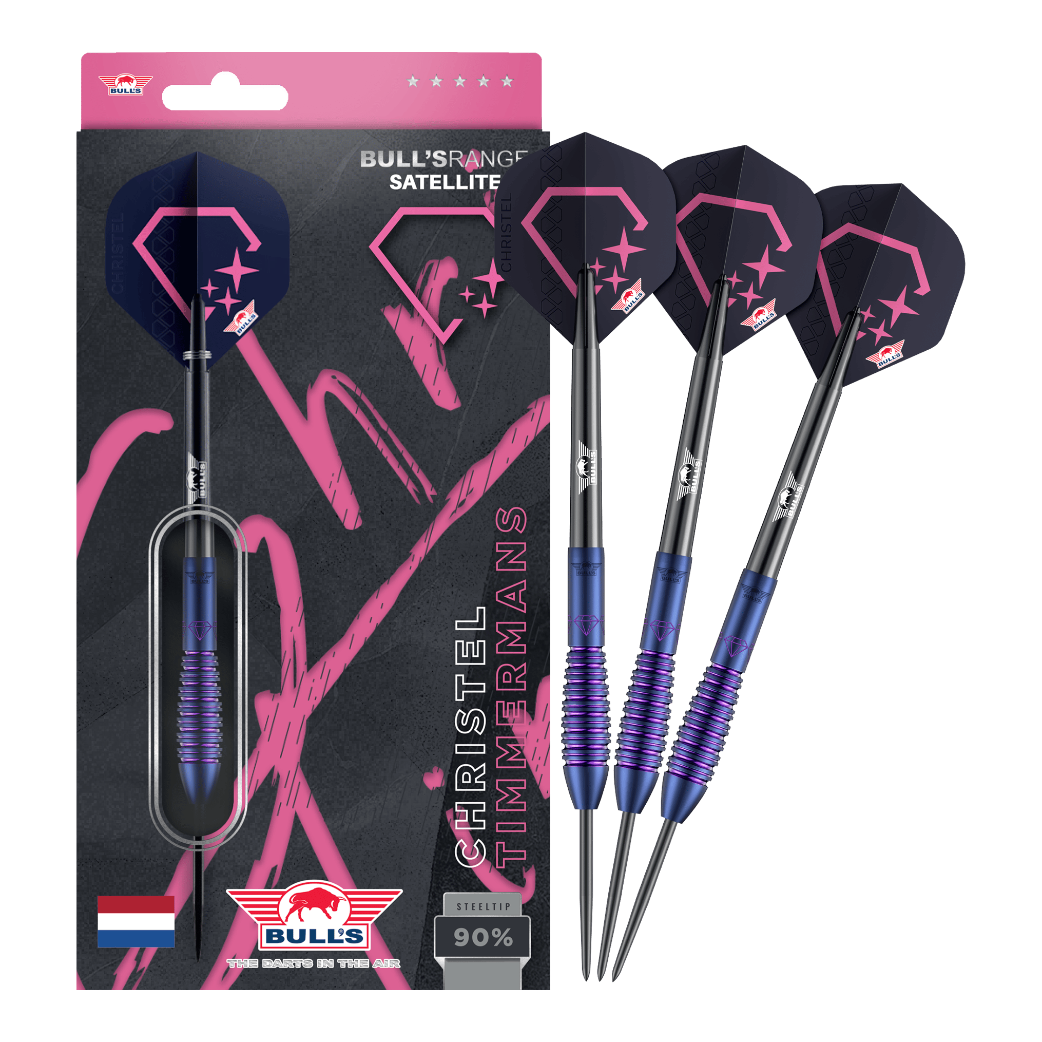 Bulls NL Christel Timmermans Satellite 90 ocelové šipky 25g Dieses Bild zeigt die Bulls NL Christel Timmermans Satellite 90 Steeldarts 25g in voller Ansicht. Sie sind ideal für das professionelle Dartspiel geeignet.