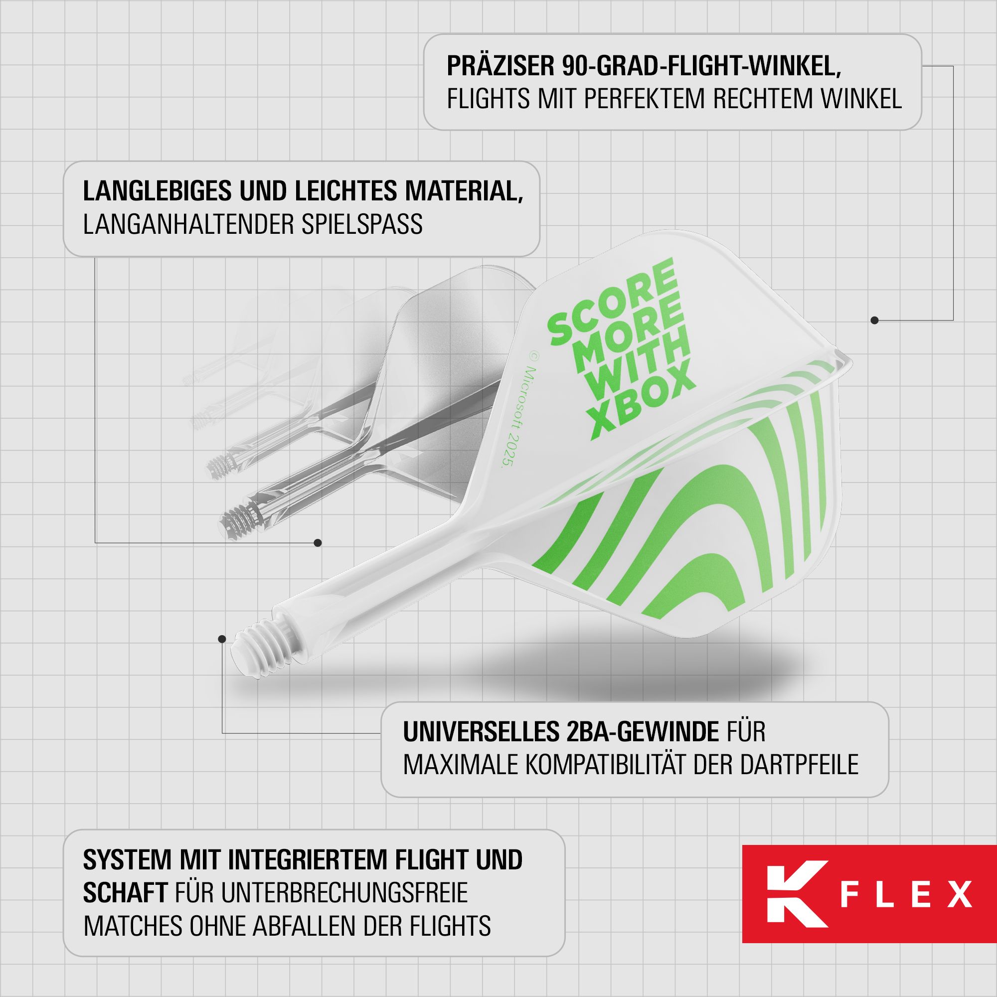 Target Xbox K-Flex No6 Flights - White Abgebildet sind die Target Xbox K-Flex No6 Flights - Weiß. Es handelt sich um weiße Dart-Flights in No6-Form von Target.