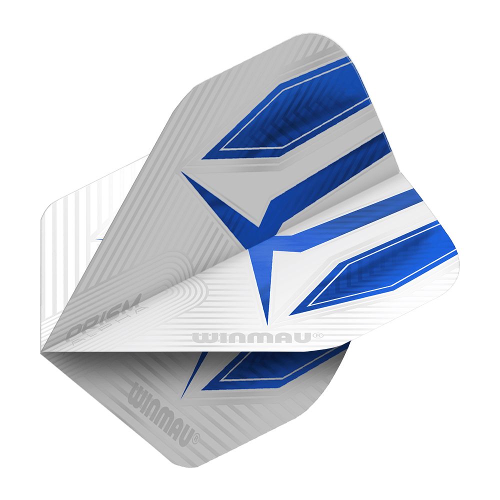 6915-112_Winmau_Prism_Alpha_6915-112_Standard_Flights_2 Auf dem Bild ist ein Winmau Prism Alpha 6915.112 Standard Flight zu sehen. Das Flight ist überwiegend weiß mit blauen und silbernen Akzenten und trägt das Winmau-Logo.