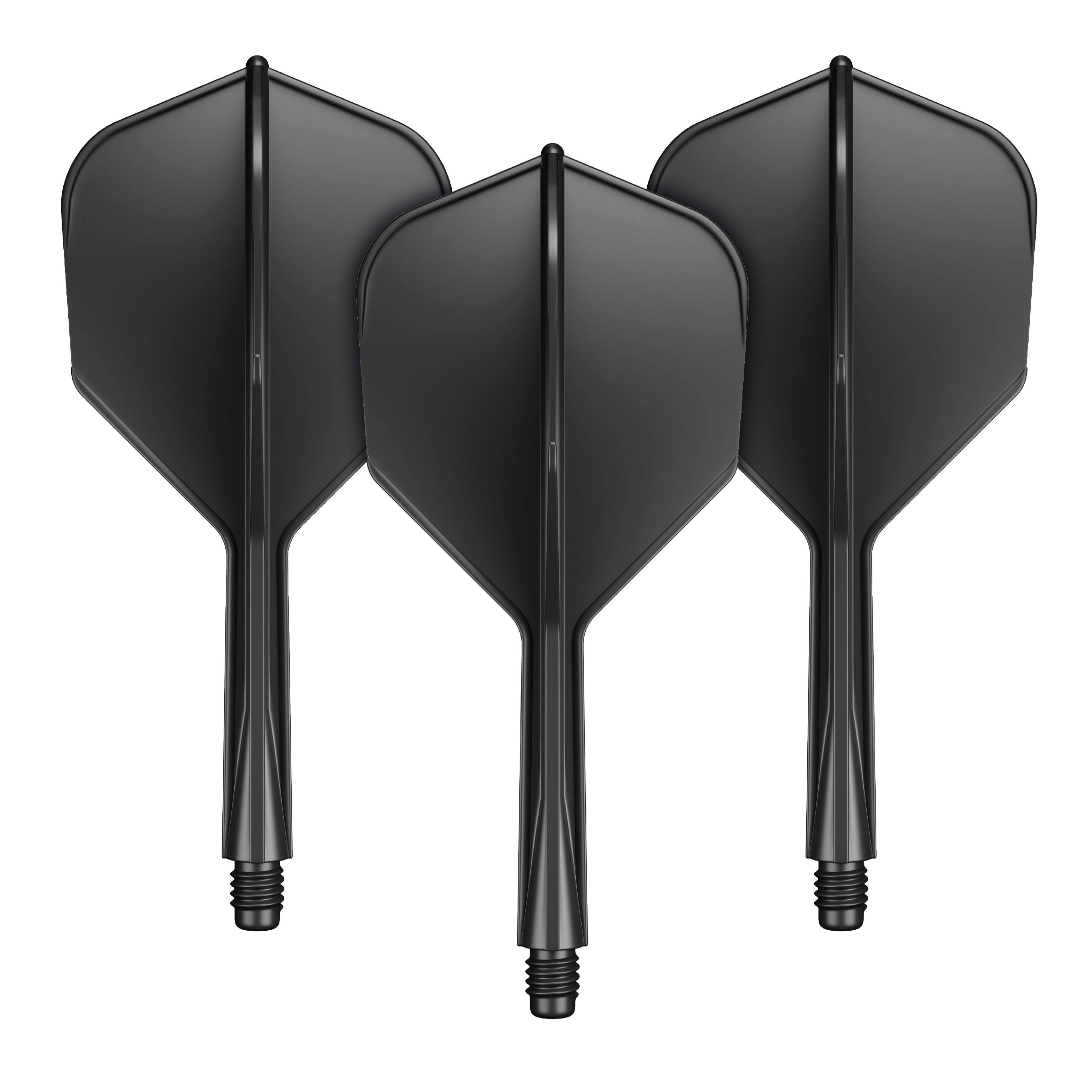 Das Bild zeigt drei schwarze Dartflights mit integriertem Schaft. Sie stehen nebeneinander und sind identisch in Form und Farbe.