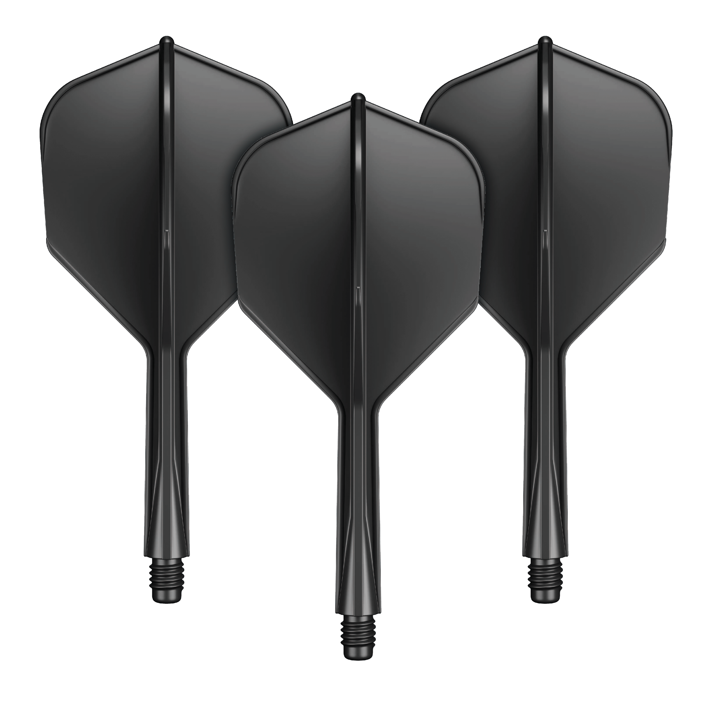 GOAT A1R No6 Flight Shaft System - Black Das Bild zeigt drei schwarze Dartflights mit integriertem Schaft. Sie stehen nebeneinander und sind identisch in Form und Farbe.