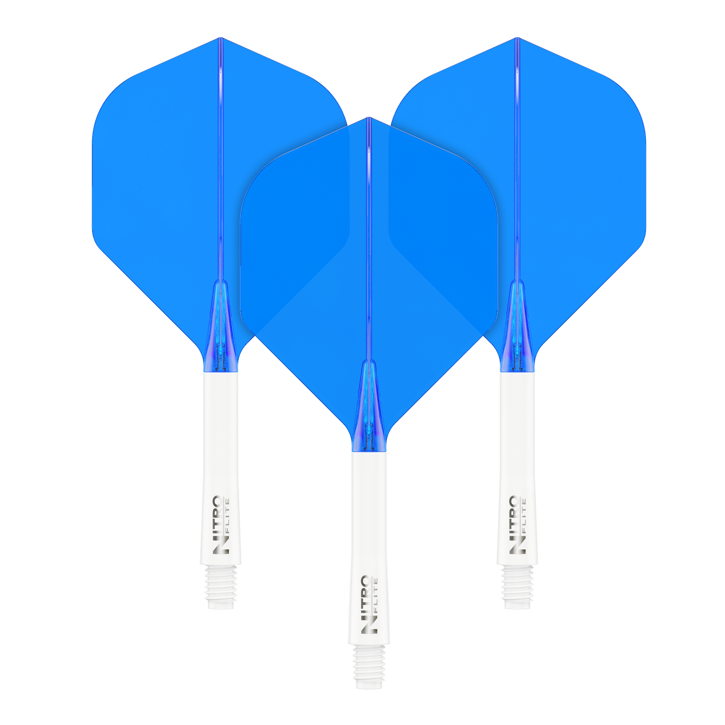 Red Dragon Nitroflite - White Shaft Blue No2 Flights Das Bild zeigt drei blaue Dartflights mit weißen Schäften. Sie sind ordentlich nebeneinander angeordnet und heben sich deutlich vom schwarzen Hintergrund ab.