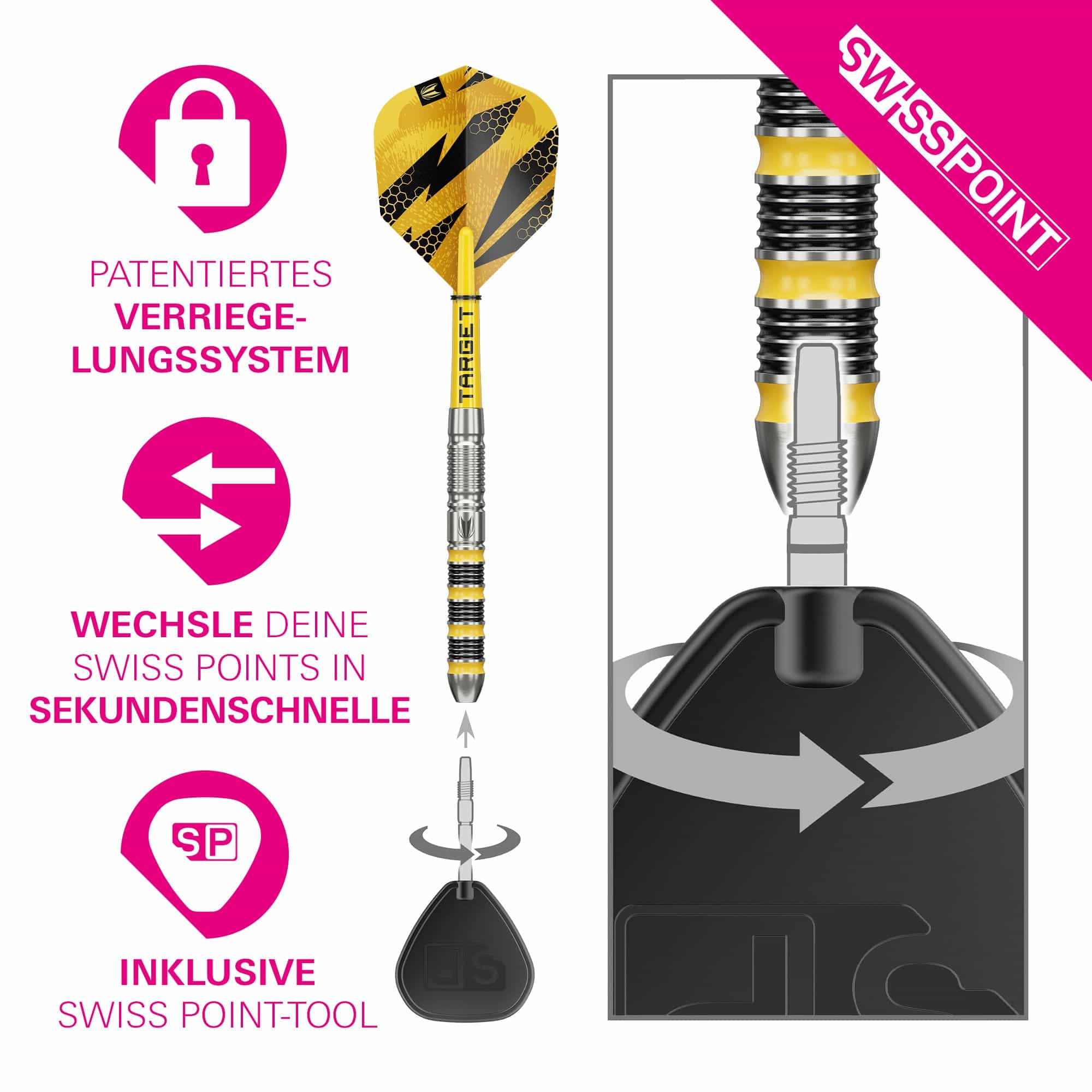 Target Buzz 01 Swiss Points Steeldarts Zu sehen sind Target Buzz 01 Swiss Points Steeldarts. Diese Steeldarts sind ideal für den Dartsport geeignet.